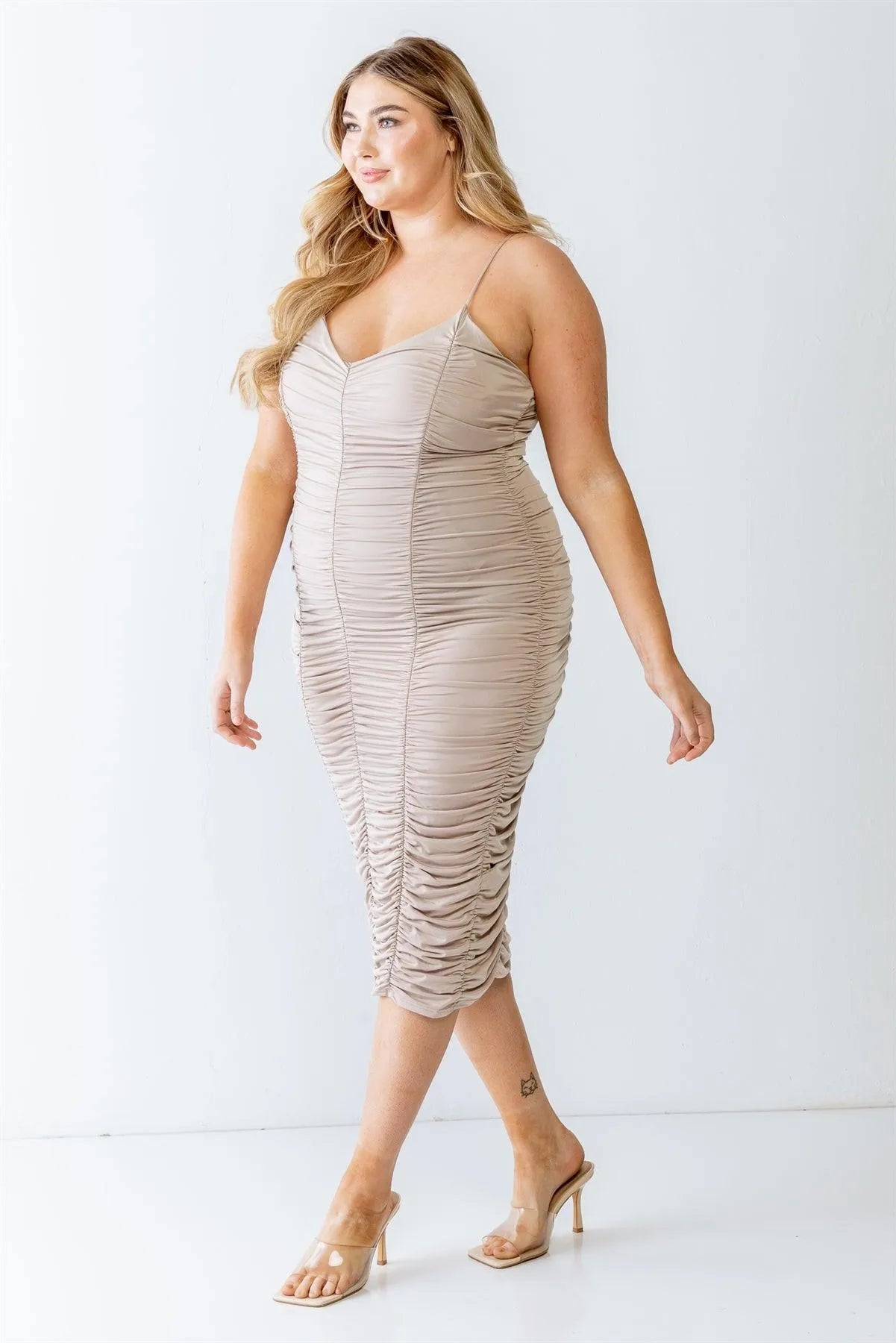 Junior Plus Khaki Ruched Elasticized Sleeveless Midi Dress /1-1-1 - Tasha Apparel Wholesale