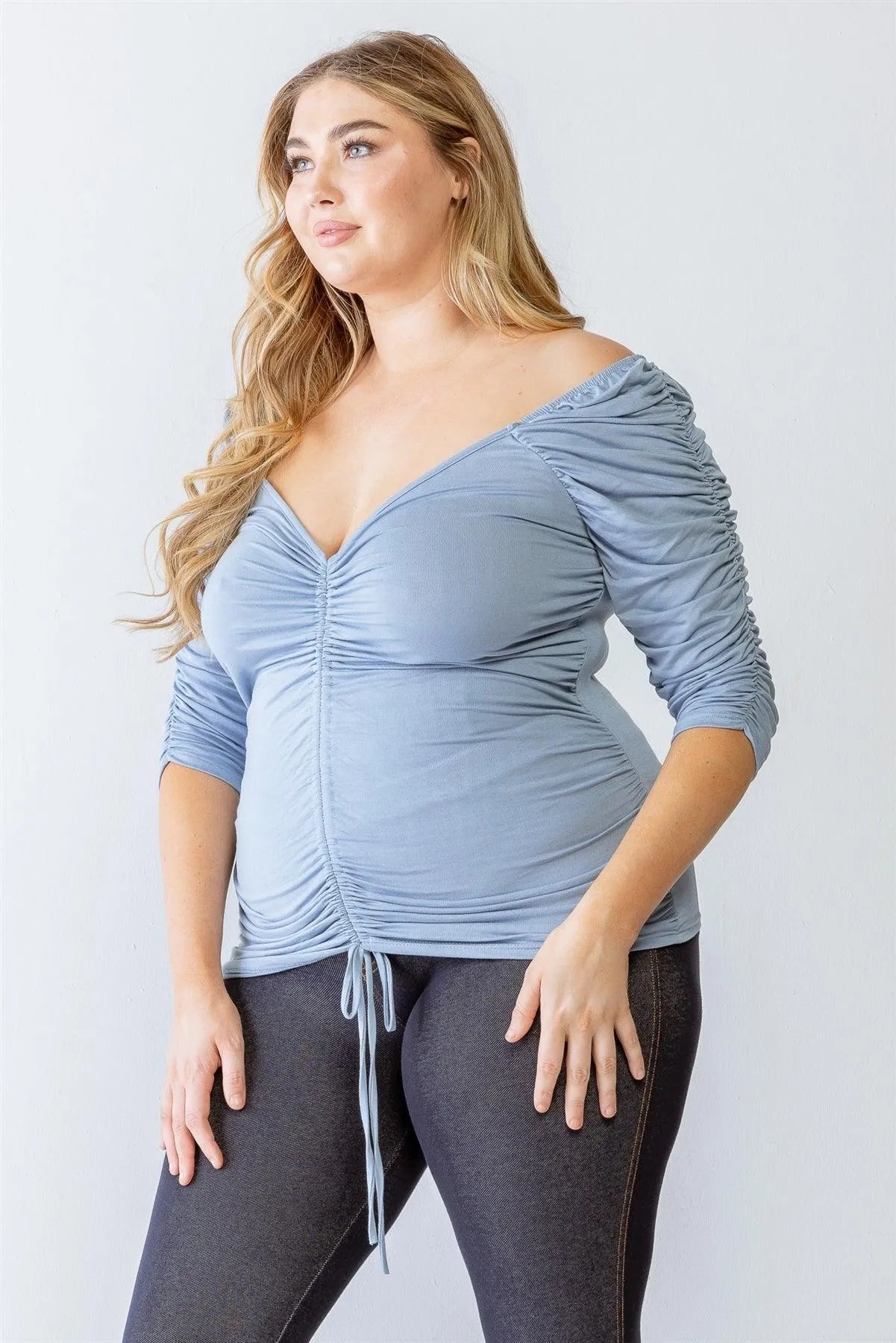 Junior Plus Blue Ruched Midi Sleeve Top /1-1-1 - Tasha Apparel Wholesale