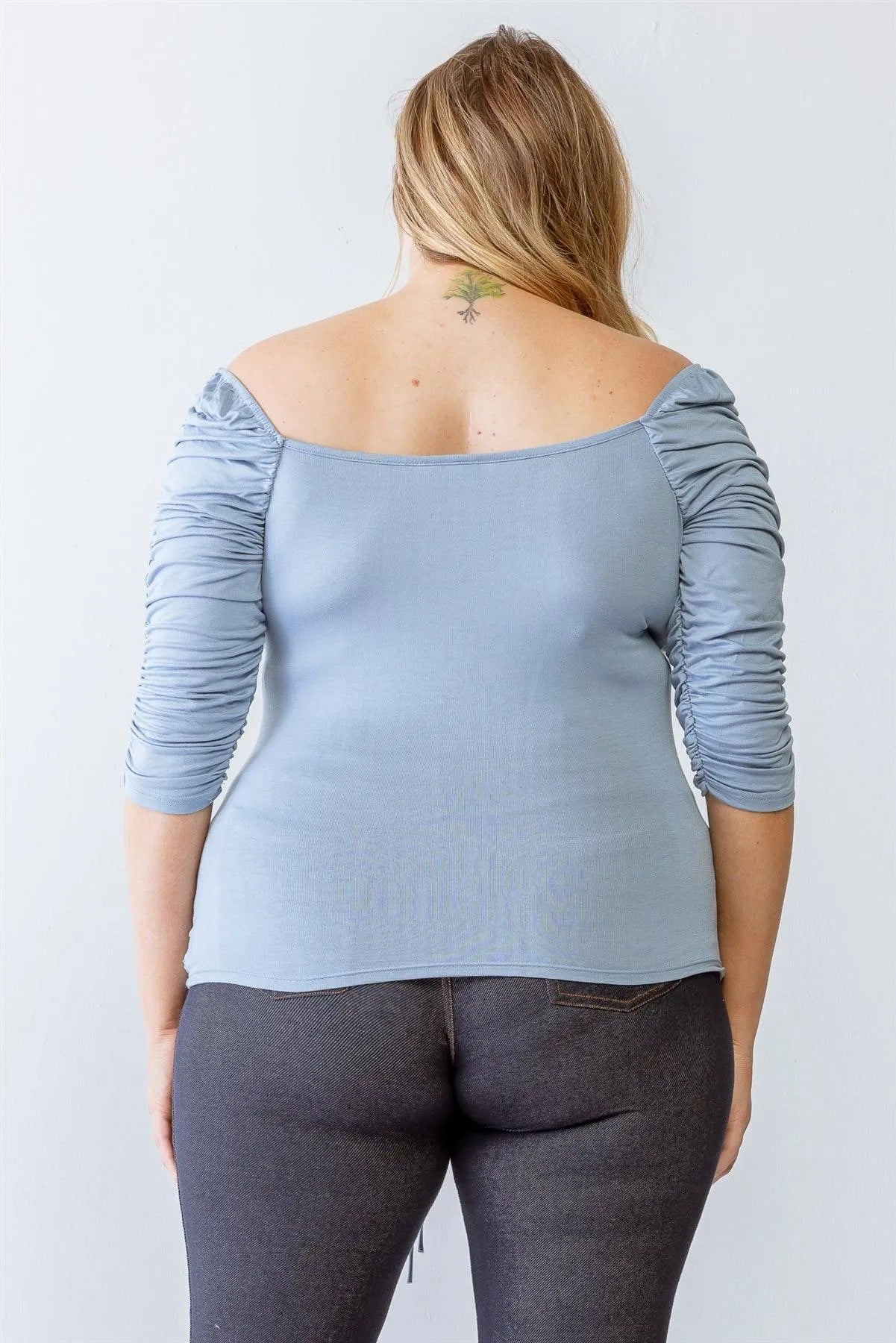 Junior Plus Blue Ruched Midi Sleeve Top /1-1-1 - Tasha Apparel Wholesale