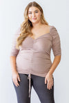 Junior Plus Mocha Ruched Midi Sleeve Top /1-1-1 - Tasha Apparel Wholesale