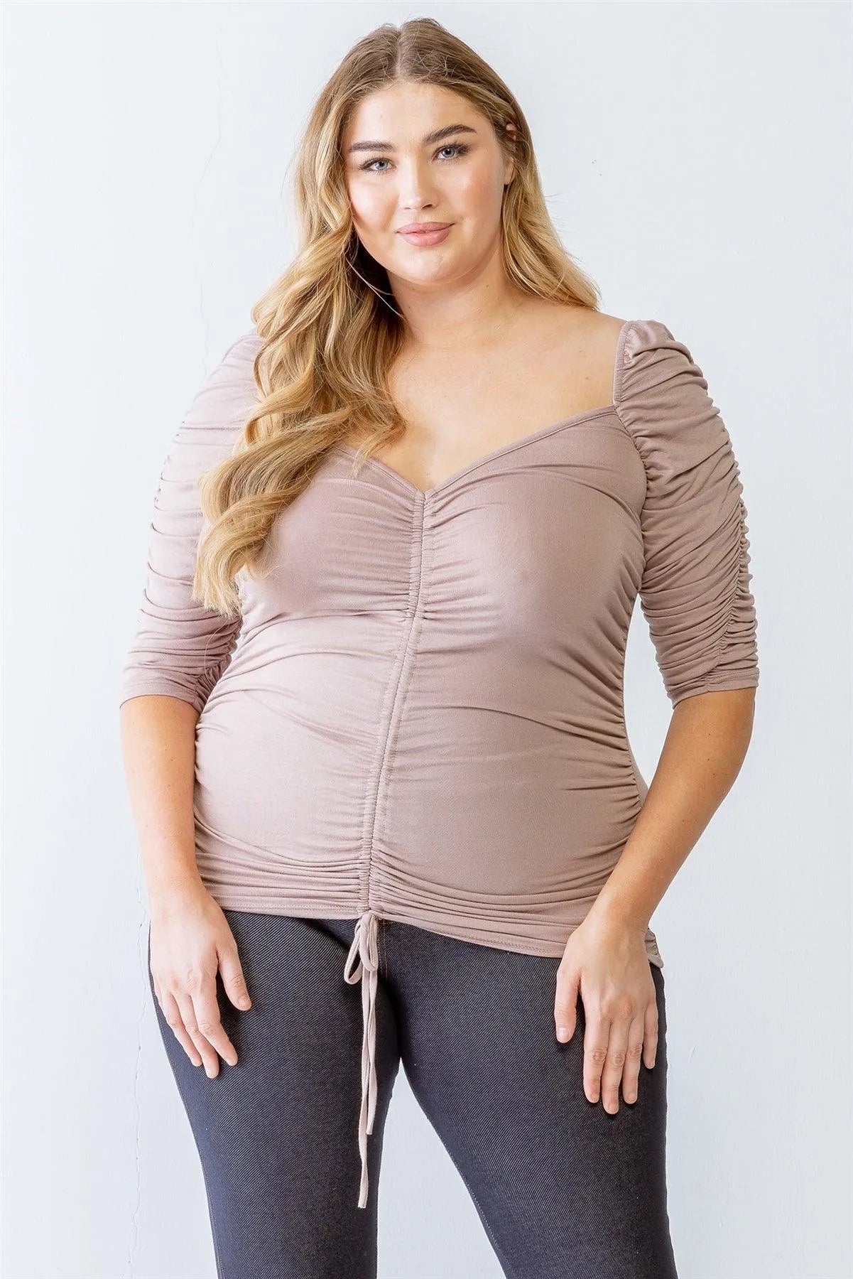 Junior Plus Mocha Ruched Midi Sleeve Top /1-1-1 - Tasha Apparel Wholesale