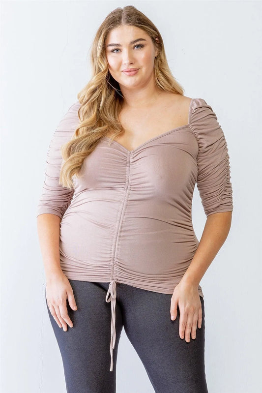 Junior Plus Mocha Ruched Midi Sleeve Top /1-1-1 - Tasha Apparel Wholesale
