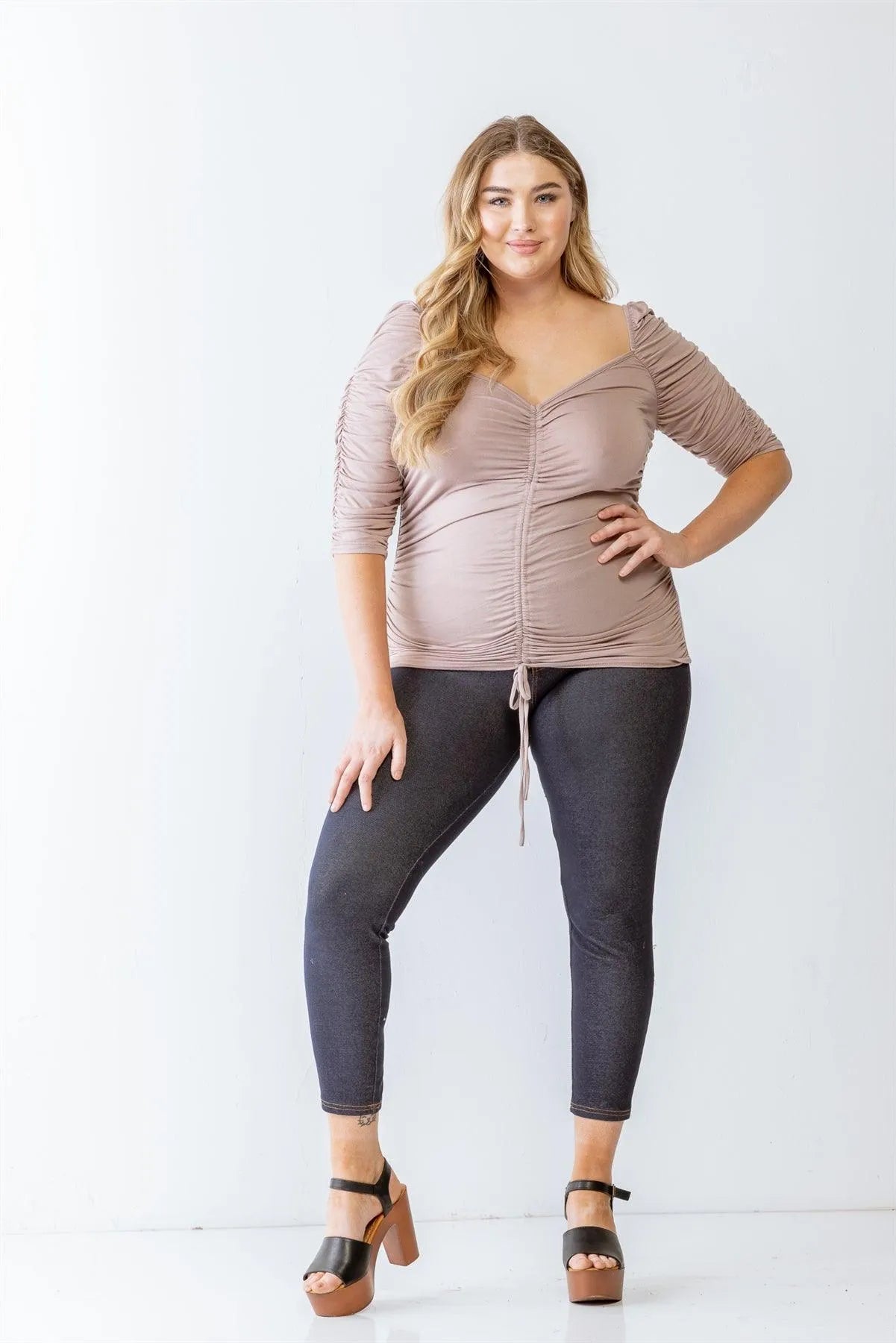 Junior Plus Mocha Ruched Midi Sleeve Top /1-1-1 - Tasha Apparel Wholesale