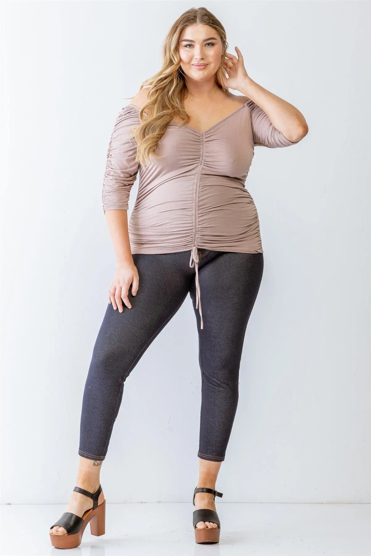 Junior Plus Mocha Ruched Midi Sleeve Top /1-1-1 - Tasha Apparel Wholesale