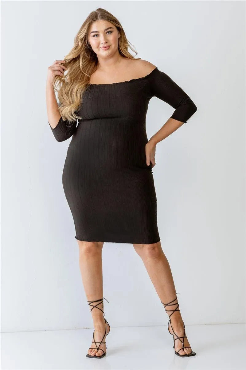 Plus Size Black Ribbed Off-The-Shoulder Midi Dress - Tasha Apparel Wholesale
