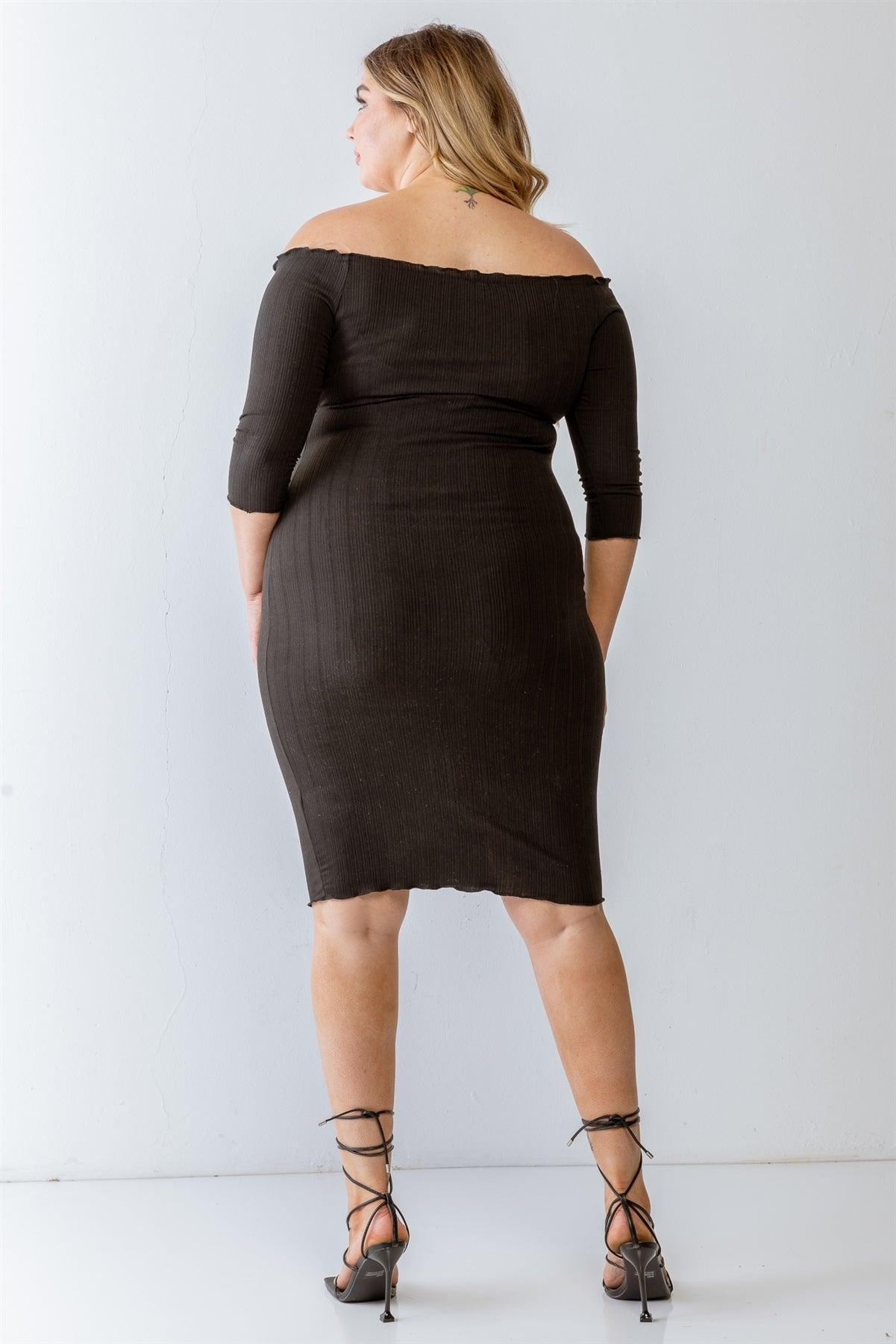 Wholesale Plus Size Black Ribbed Off-The-Shoulder Midi Dress
