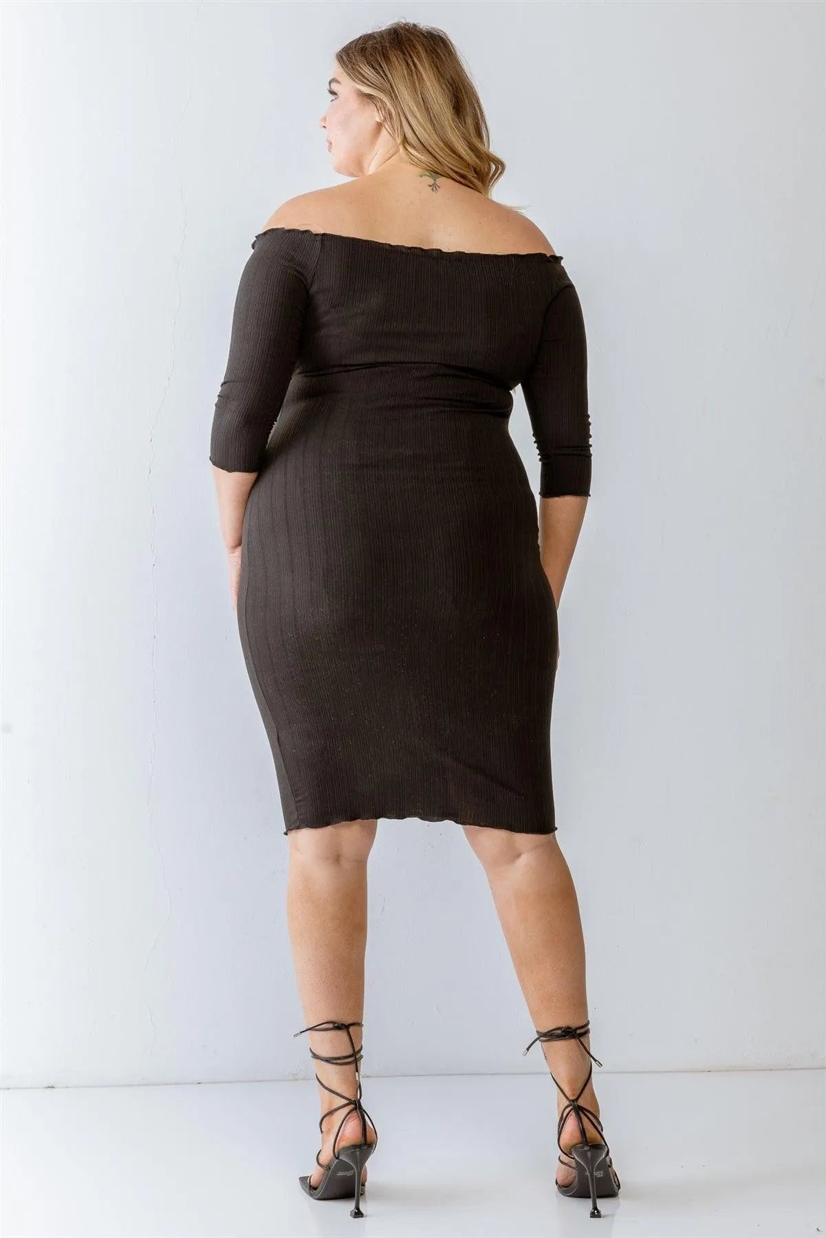 Plus Size Black Ribbed Off-The-Shoulder Midi Dress - Tasha Apparel Wholesale