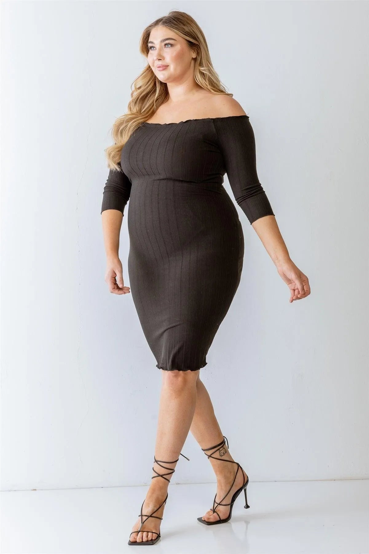 Plus Size Black Ribbed Off-The-Shoulder Midi Dress - Tasha Apparel Wholesale