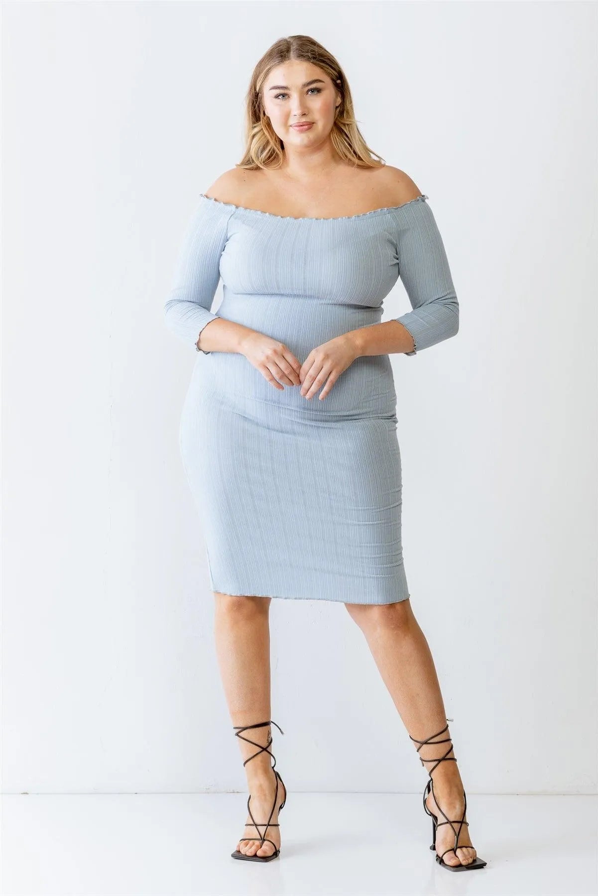 Plus Size Blue Ribbed Off-The-Shoulder Midi Dress - Tasha Apparel Wholesale