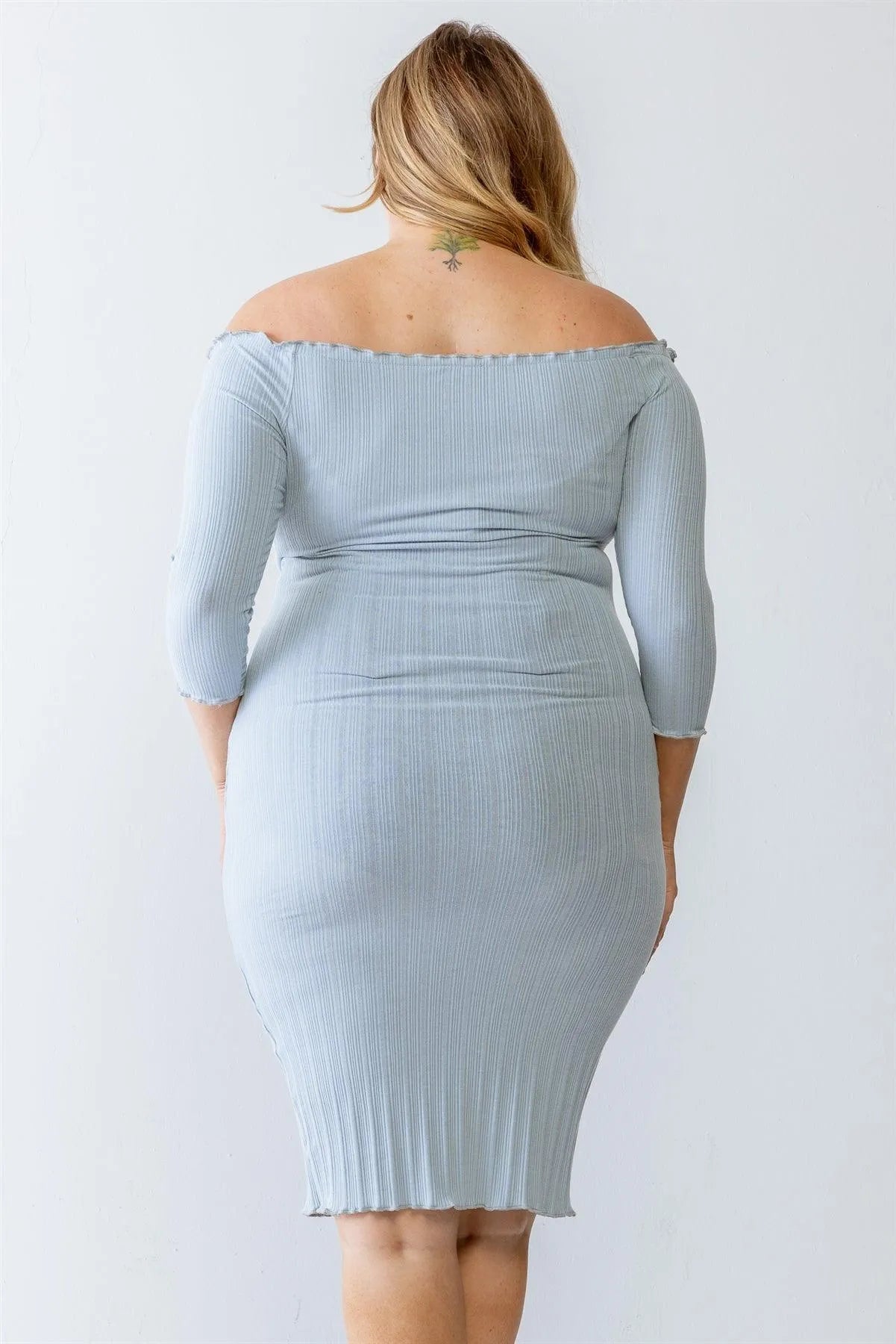 Plus Size Blue Ribbed Off-The-Shoulder Midi Dress - Tasha Apparel Wholesale