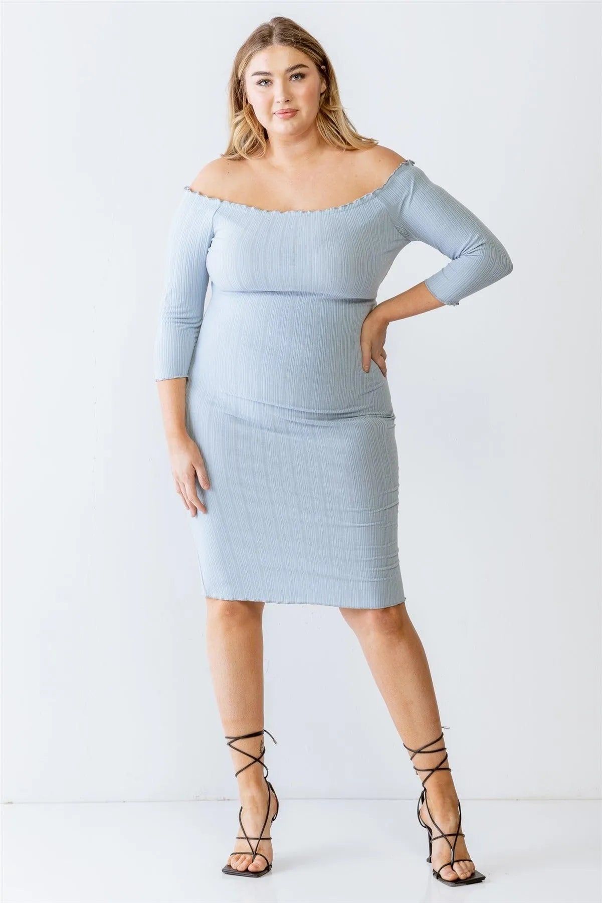 Plus Size Blue Ribbed Off-The-Shoulder Midi Dress - Tasha Apparel Wholesale