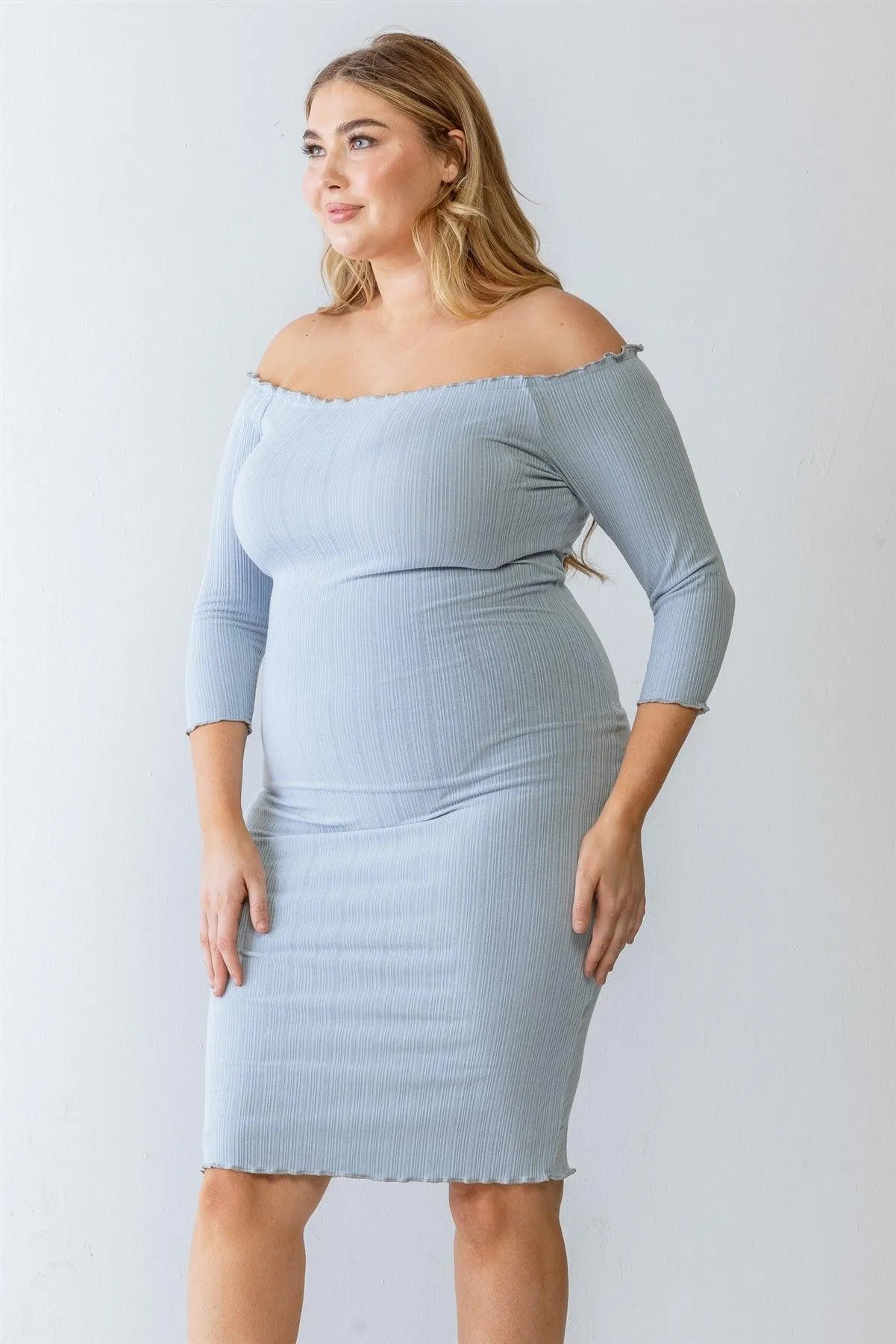 Plus Size Blue Ribbed Off-The-Shoulder Midi Dress - Tasha Apparel Wholesale