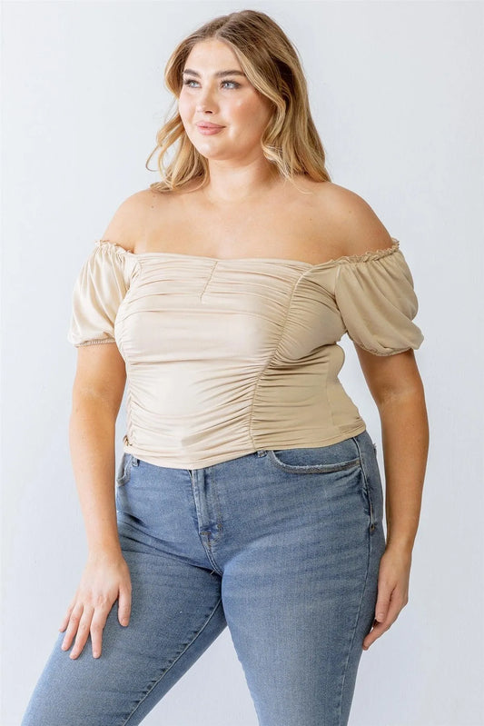 Junior Plus Beige Ruched Short Sleeve Ruffle Detail Top /1-1-1 - Tasha Apparel Wholesale