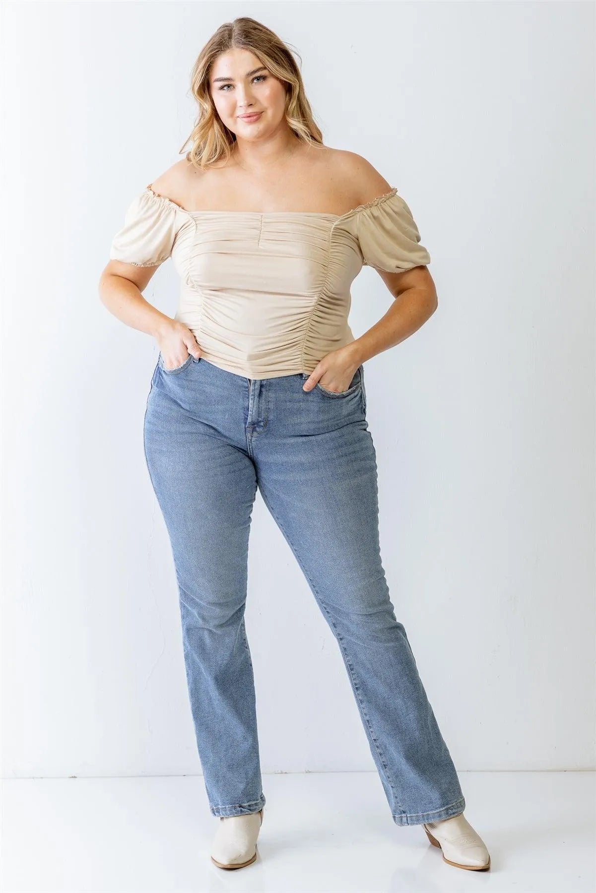 Junior Plus Beige Ruched Short Sleeve Ruffle Detail Top /1-1-1 - Tasha Apparel Wholesale