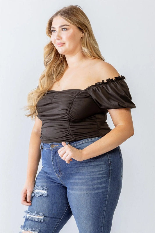 Junior Plus Black Ruched Short Sleeve Ruffle Detail Top /1-1-1 - Tasha Apparel Wholesale