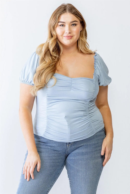 Junior Plus Blue Ruched Short Sleeve Ruffle Detail Top /1-1-1 - Tasha Apparel Wholesale