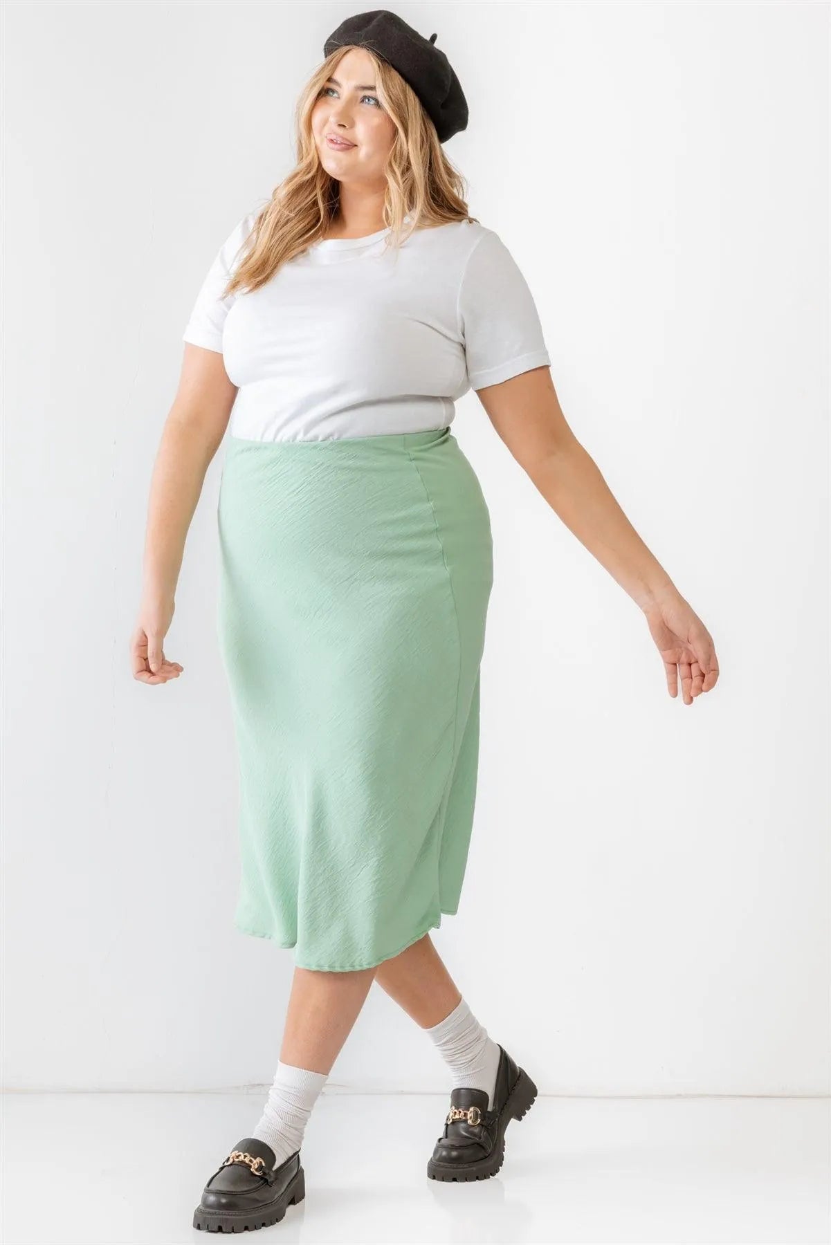 Junior Plus Sage Textured Elastic High Waist Midi Skirt /2-1-1 - Tasha Apparel Wholesale