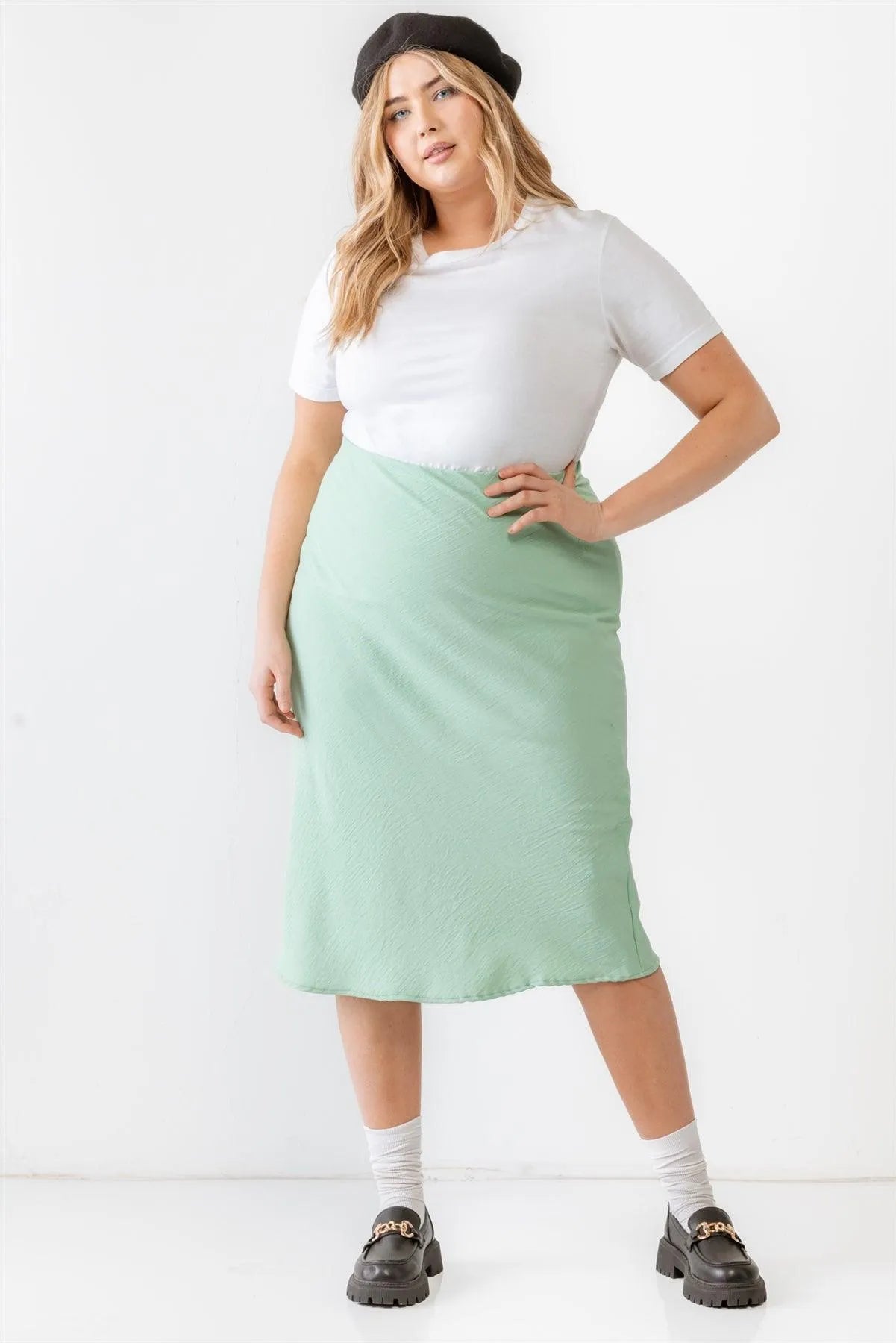 Junior Plus Sage Textured Elastic High Waist Midi Skirt /2-1-1 - Tasha Apparel Wholesale