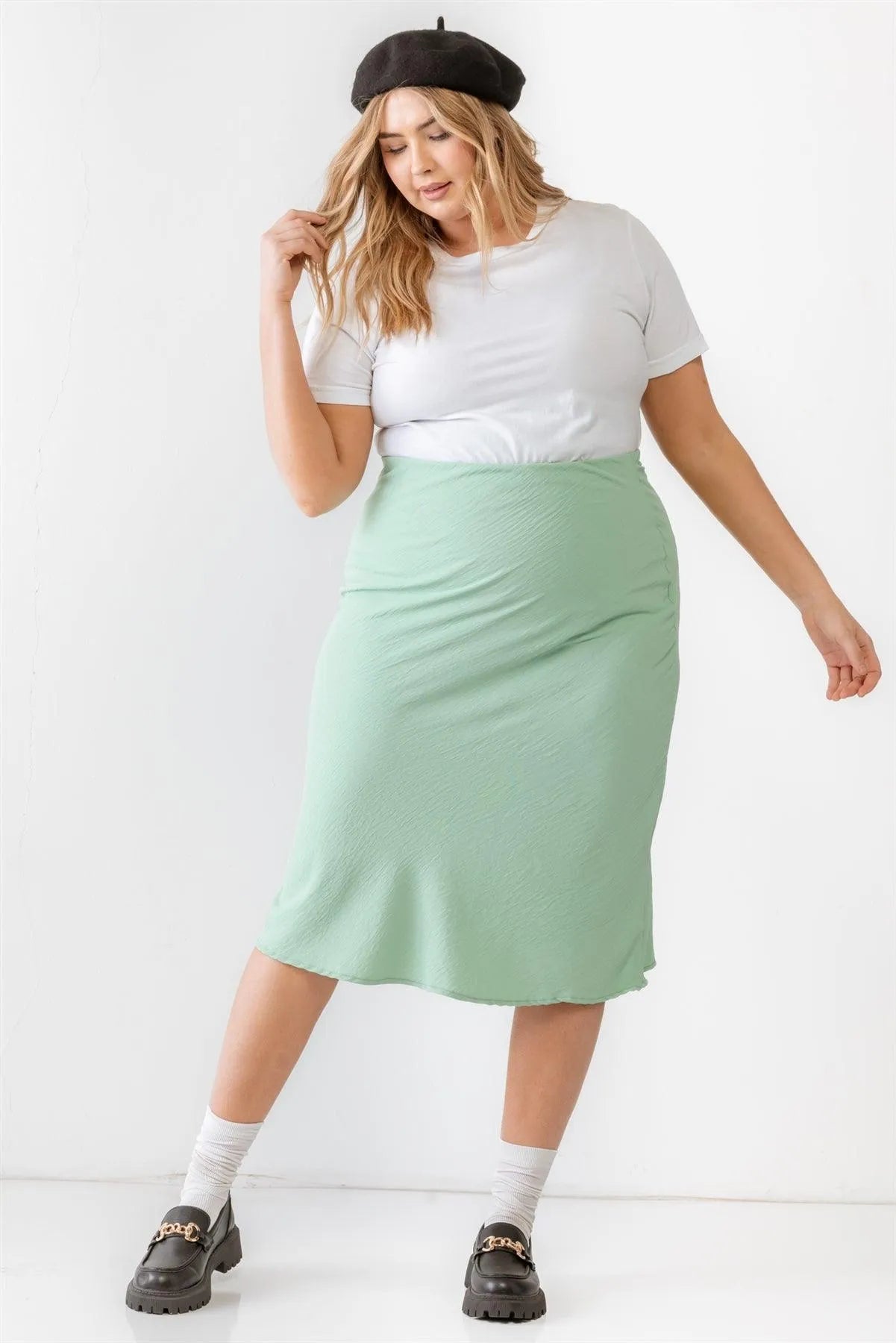 Junior Plus Sage Textured Elastic High Waist Midi Skirt /2-1-1 - Tasha Apparel Wholesale