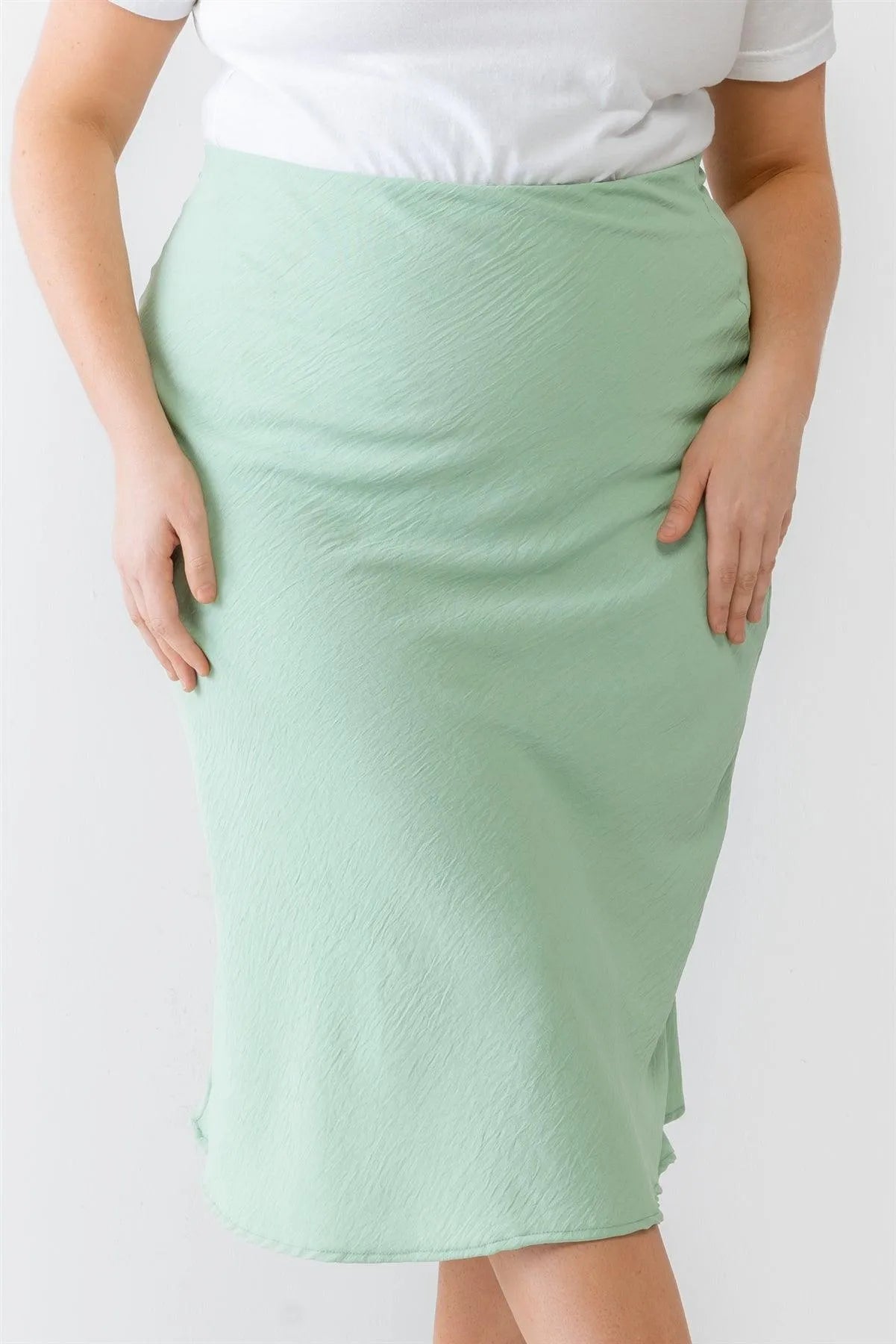 Junior Plus Sage Textured Elastic High Waist Midi Skirt /2-1-1 - Tasha Apparel Wholesale