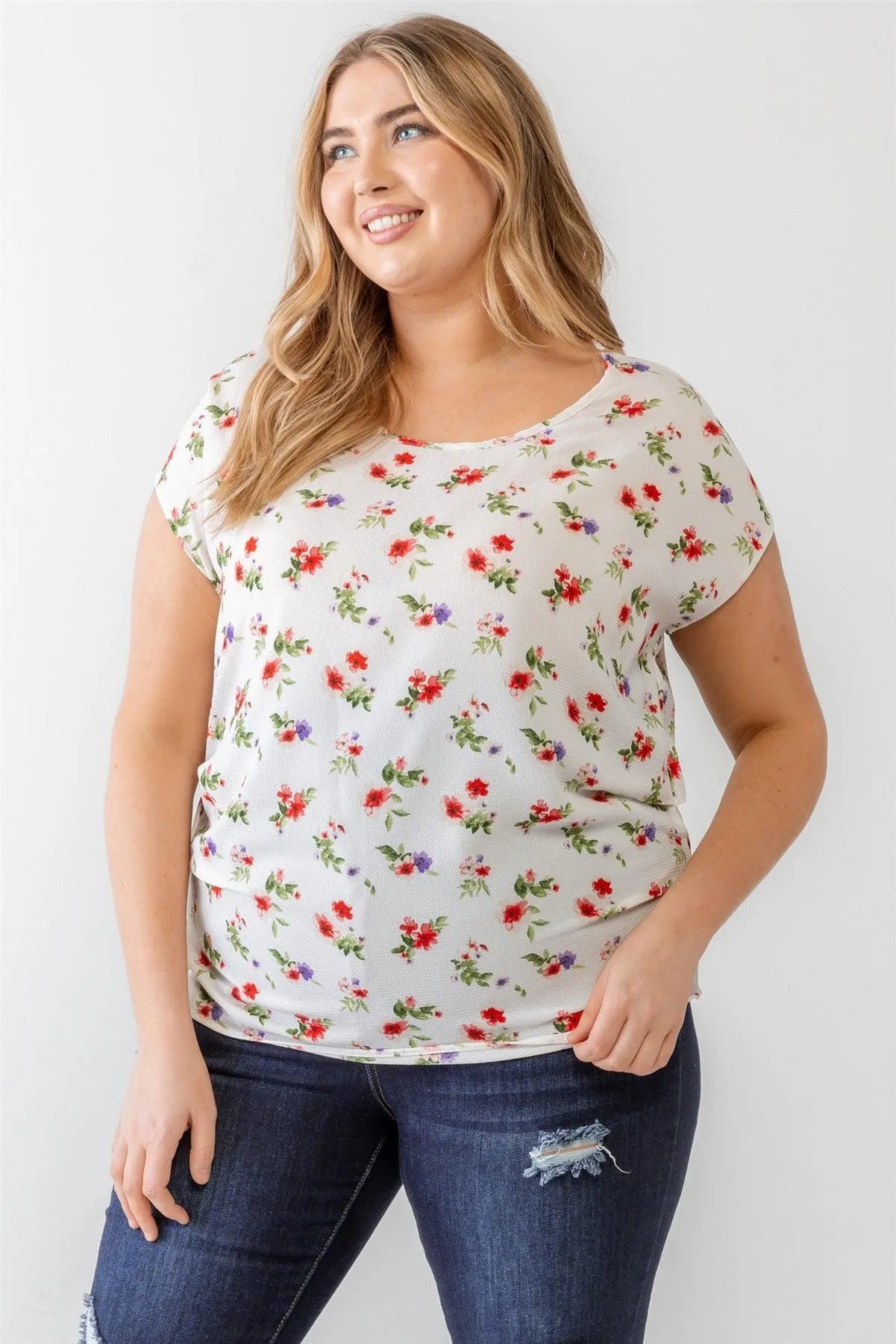 Junior Plus Ivory Flower Print Ruched Top /1-1-1 - Tasha Apparel Wholesale