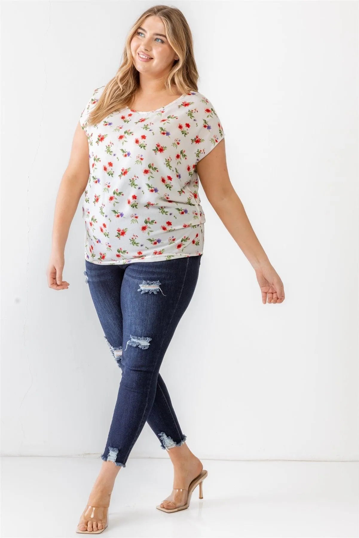 Junior Plus Ivory Flower Print Ruched Top /1-1-1 - Tasha Apparel Wholesale