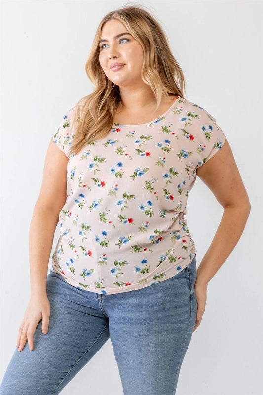 Junior Plus Pink Flower Print Ruched Top /1-1-1 - Tasha Apparel Wholesale