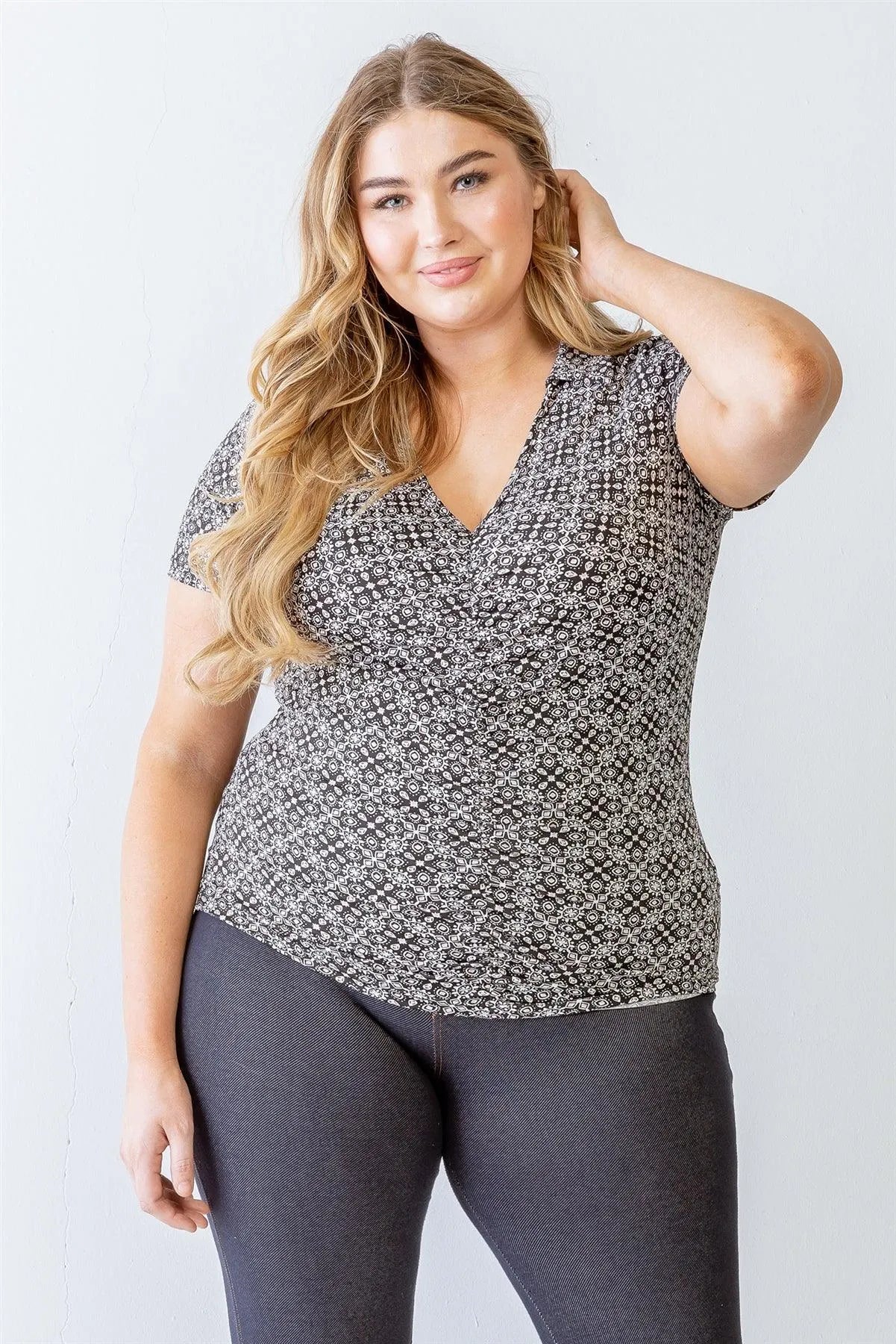 Plus Size Printed Ruched Collared Neck Short Sleeve Top - Tasha Apparel Wholesale