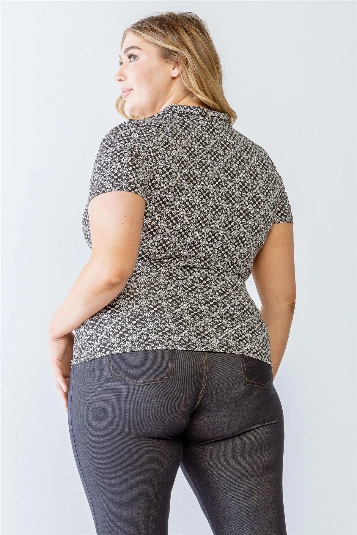 Plus Size Printed Ruched Collared Neck Short Sleeve Top - Tasha Apparel Wholesale