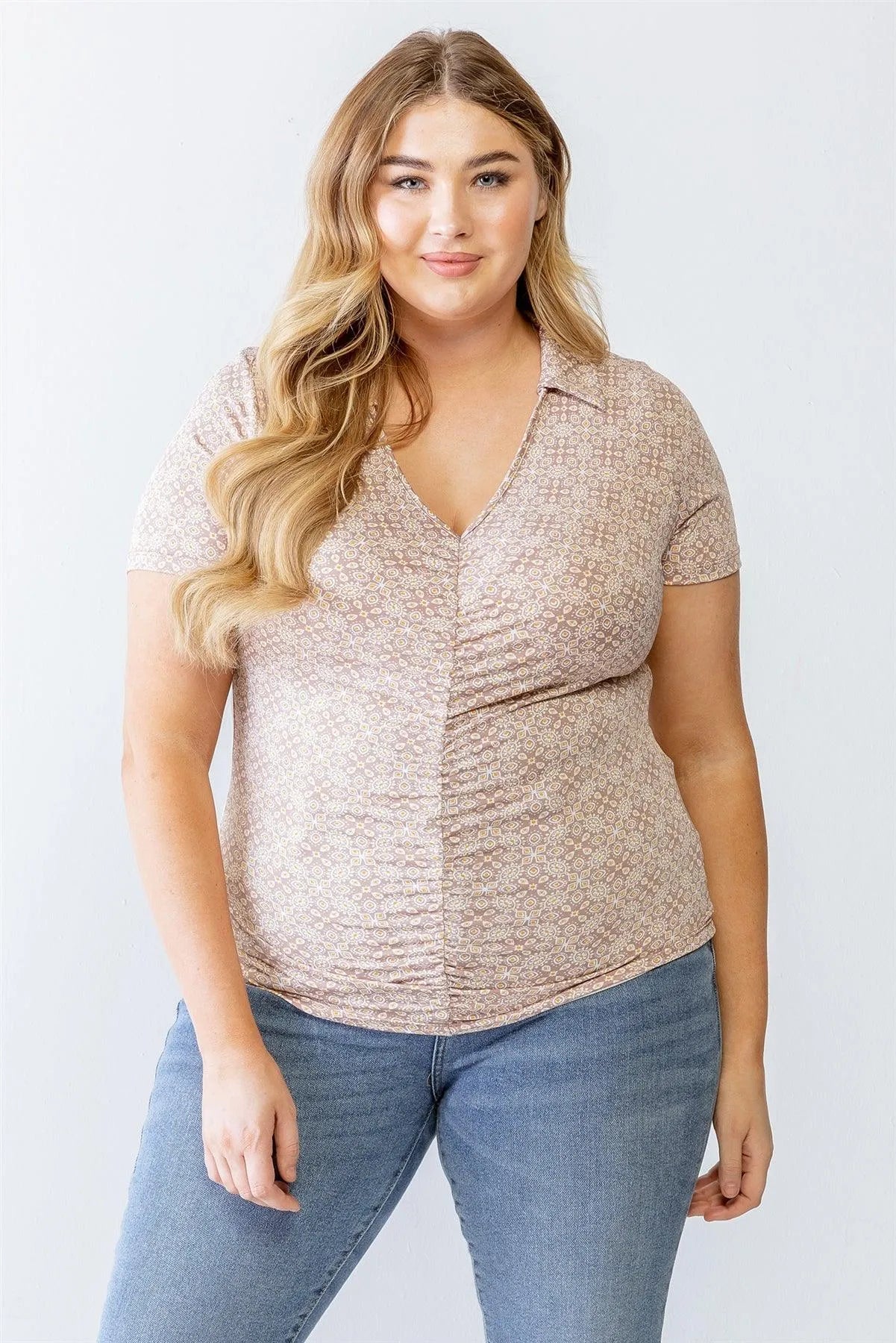 Plus Size Printed Ruched Collared Neck Top - Tasha Apparel Wholesale