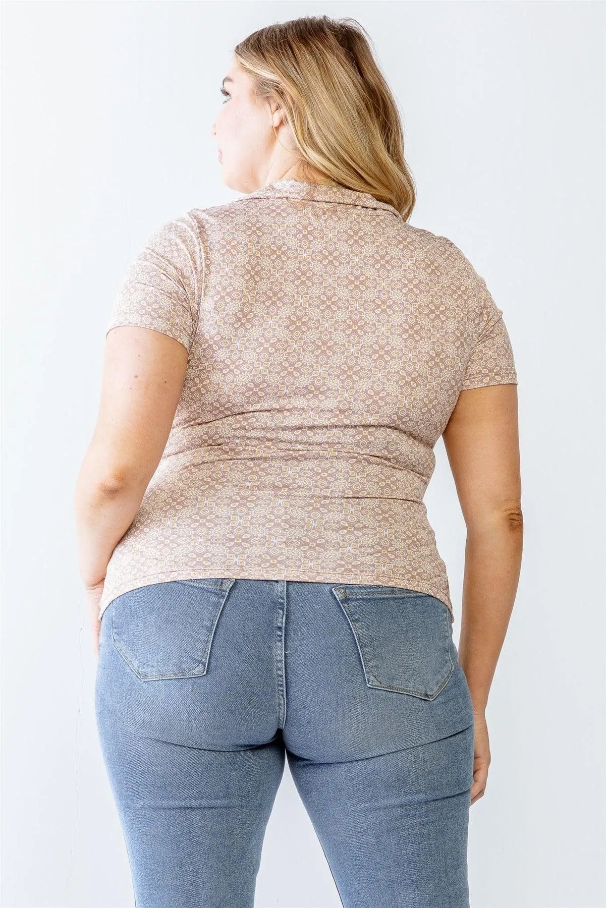 Plus Size Printed Ruched Collared Neck Top - Tasha Apparel Wholesale