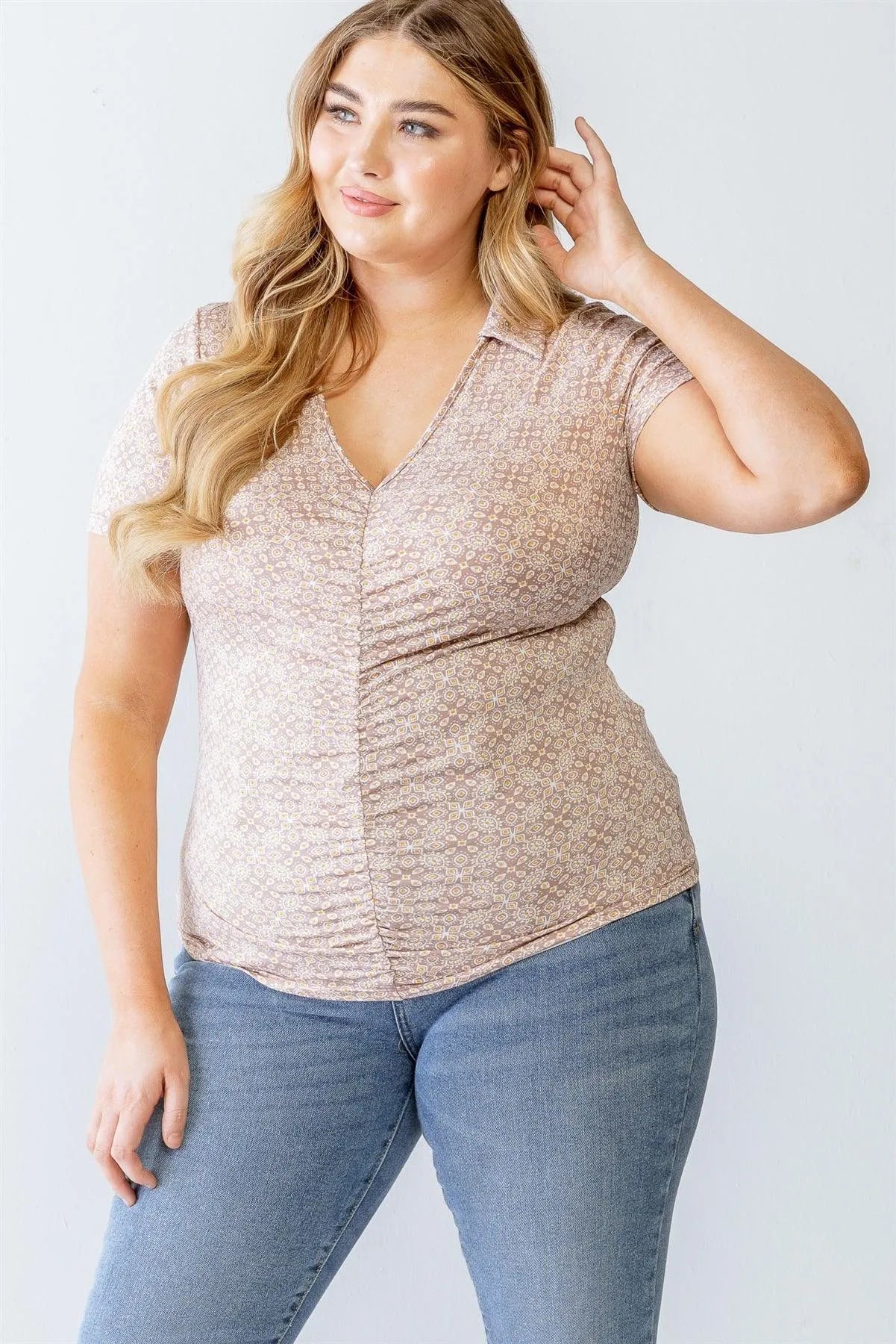 Plus Size Printed Ruched Collared Neck Top - Tasha Apparel Wholesale