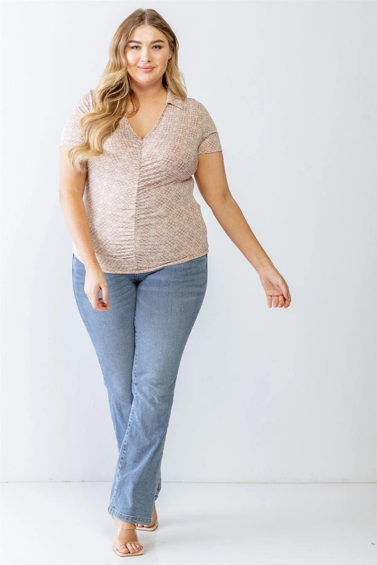 Plus Size Printed Ruched Collared Neck Top - Tasha Apparel Wholesale