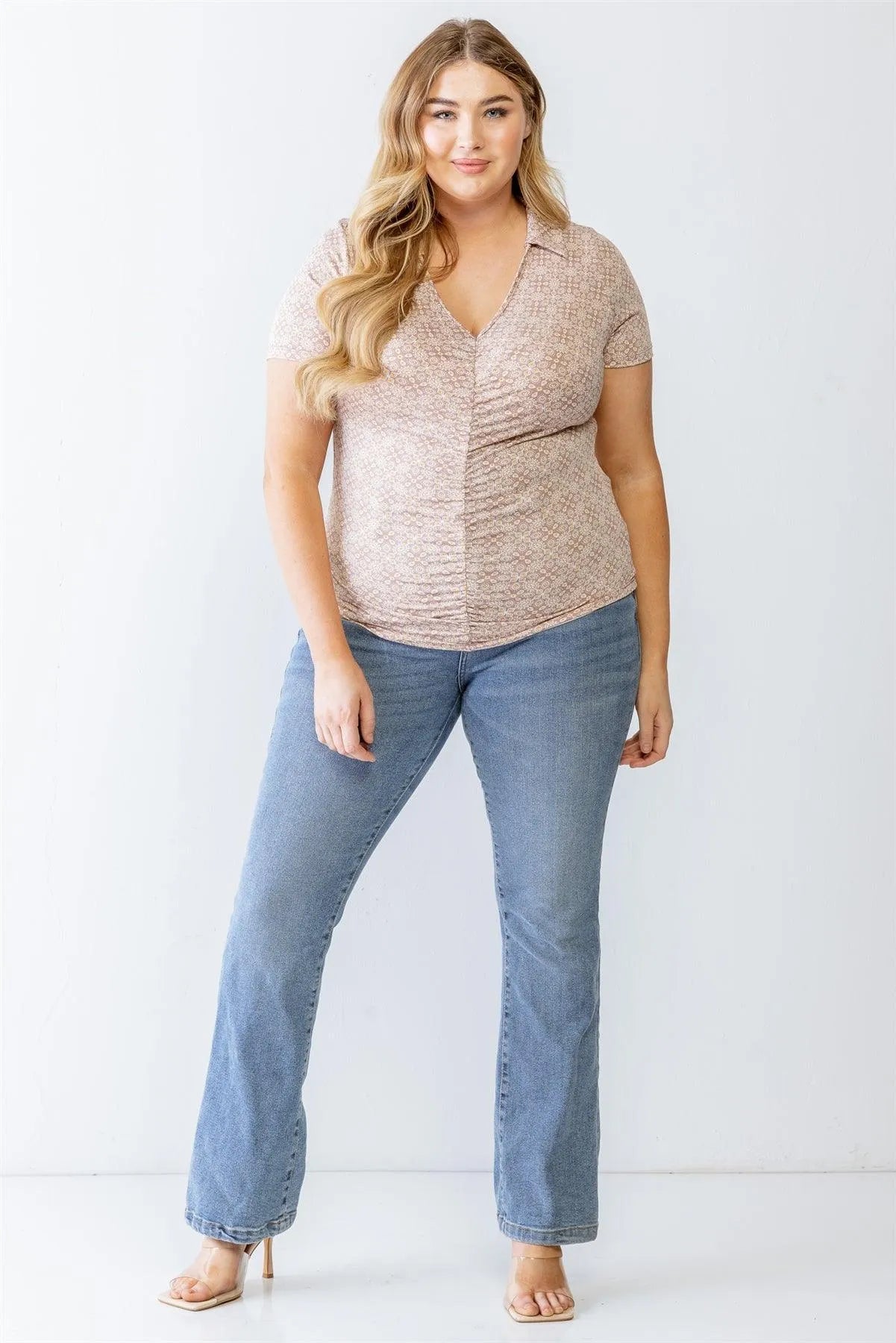 Plus Size Printed Ruched Collared Neck Top - Tasha Apparel Wholesale