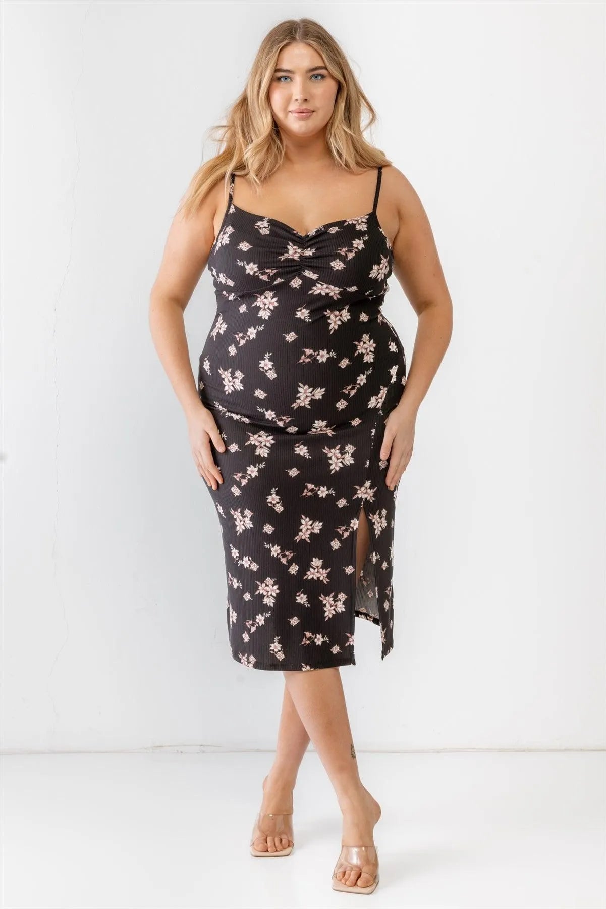 Junior Plus Black Floral Ribbed Ruched Sleeveless Midi Dress /1-1-1 - Tasha Apparel Wholesale