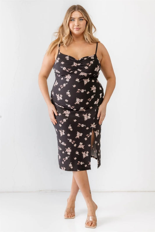 Junior Plus Black Floral Ribbed Ruched Sleeveless Midi Dress /1-1-1 - Tasha Apparel Wholesale