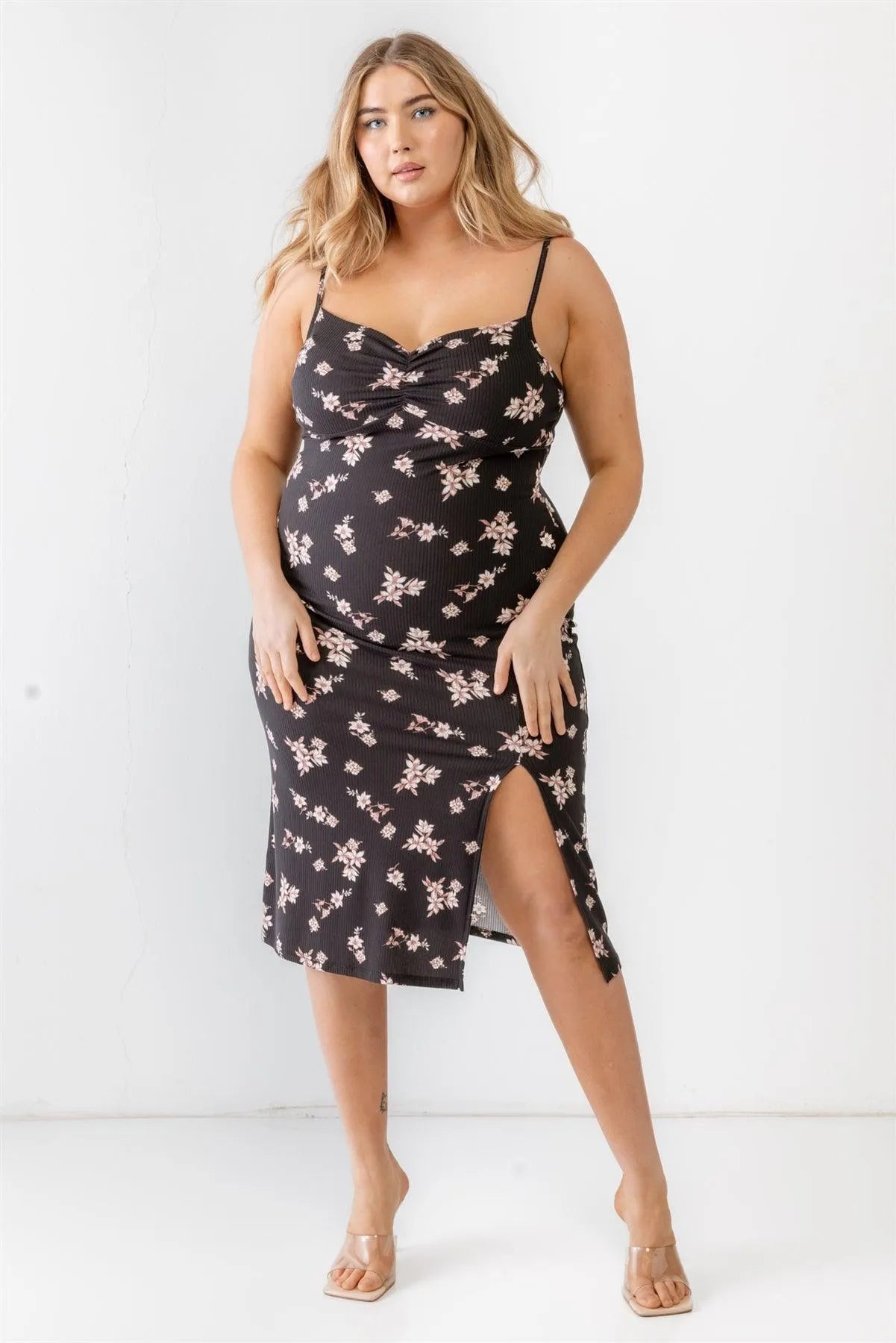 Junior Plus Black Floral Ribbed Ruched Sleeveless Midi Dress /1-1-1 - Tasha Apparel Wholesale