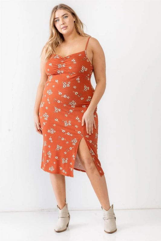 Junior Plus Rust Floral Ribbed Ruched V-Neck Sleeveless Mini Dress /1-1-1 - Tasha Apparel Wholesale