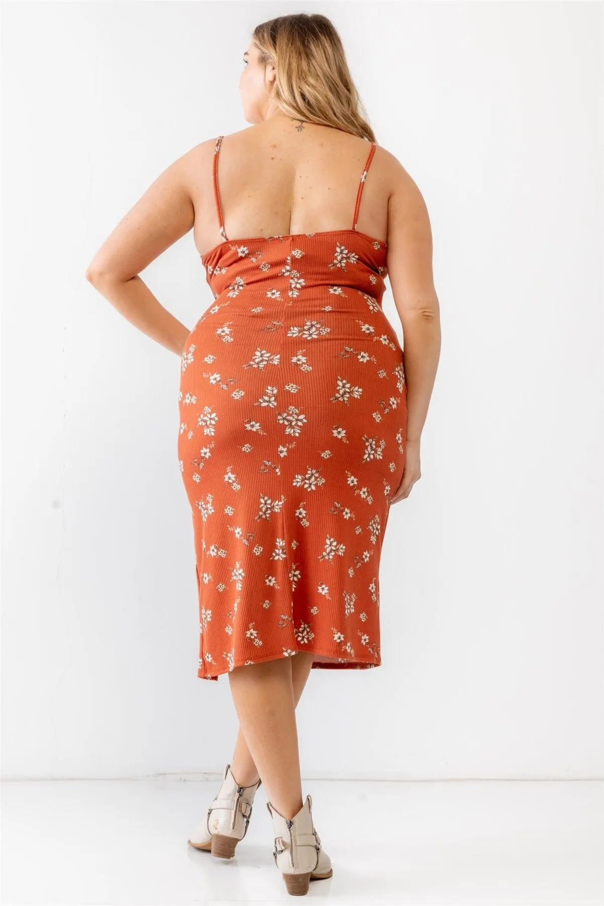 Junior Plus Rust Floral Ribbed Ruched V-Neck Sleeveless Mini Dress /1-1-1 - Tasha Apparel Wholesale