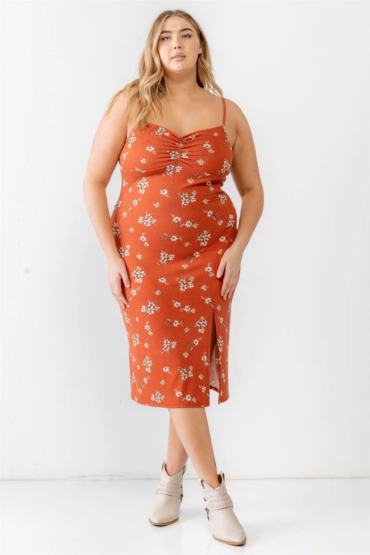 Junior Plus Rust Floral Ribbed Ruched V-Neck Sleeveless Mini Dress /1-1-1 - Tasha Apparel Wholesale