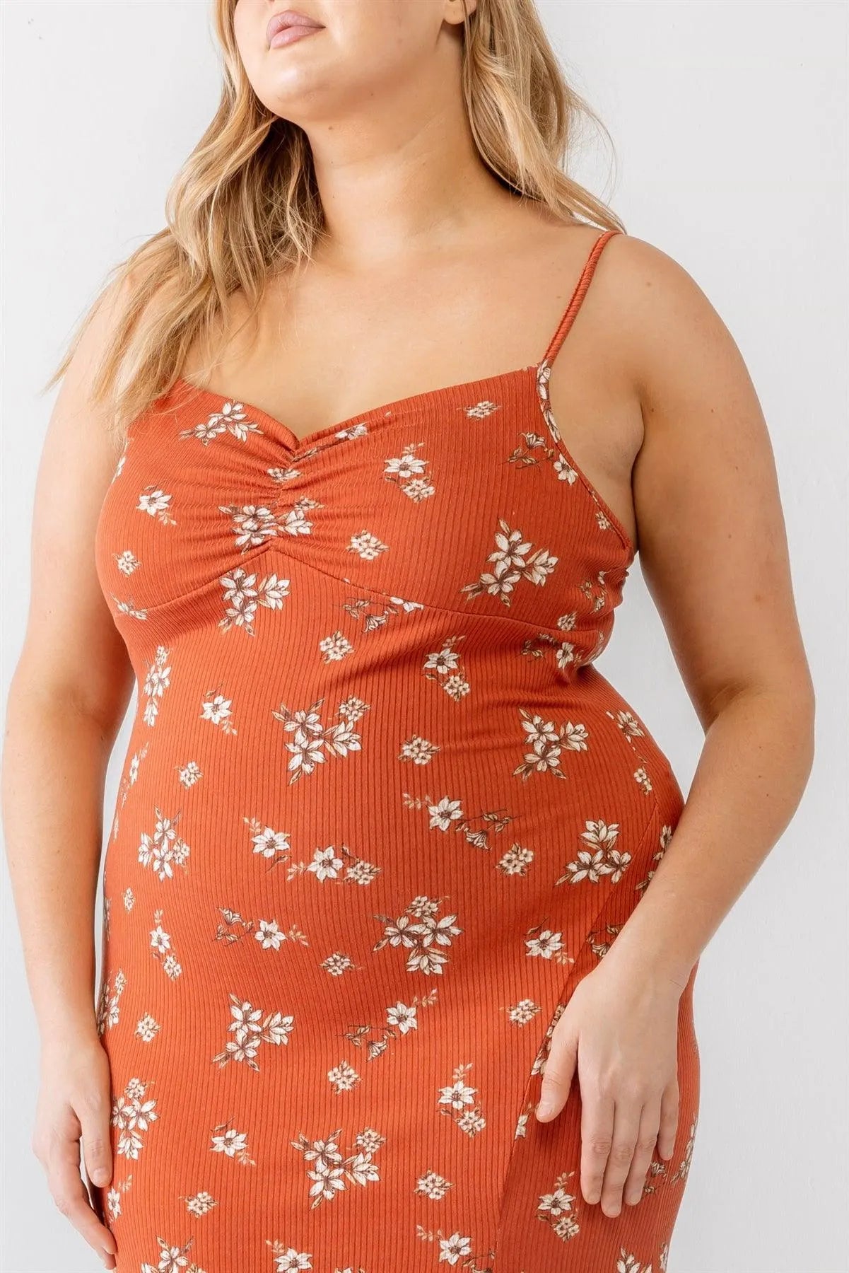 Junior Plus Rust Floral Ribbed Ruched V-Neck Sleeveless Mini Dress /1-1-1 - Tasha Apparel Wholesale