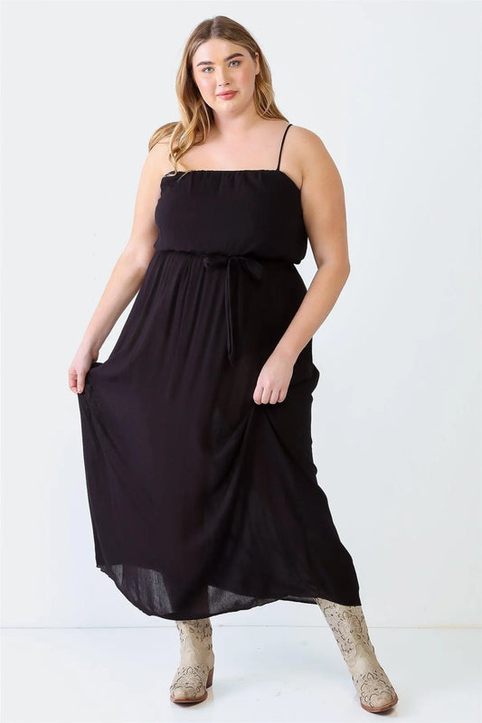 Junior Plus Black Textured Strappy Belted Maxi Dress /1-1-1 - Tasha Apparel Wholesale