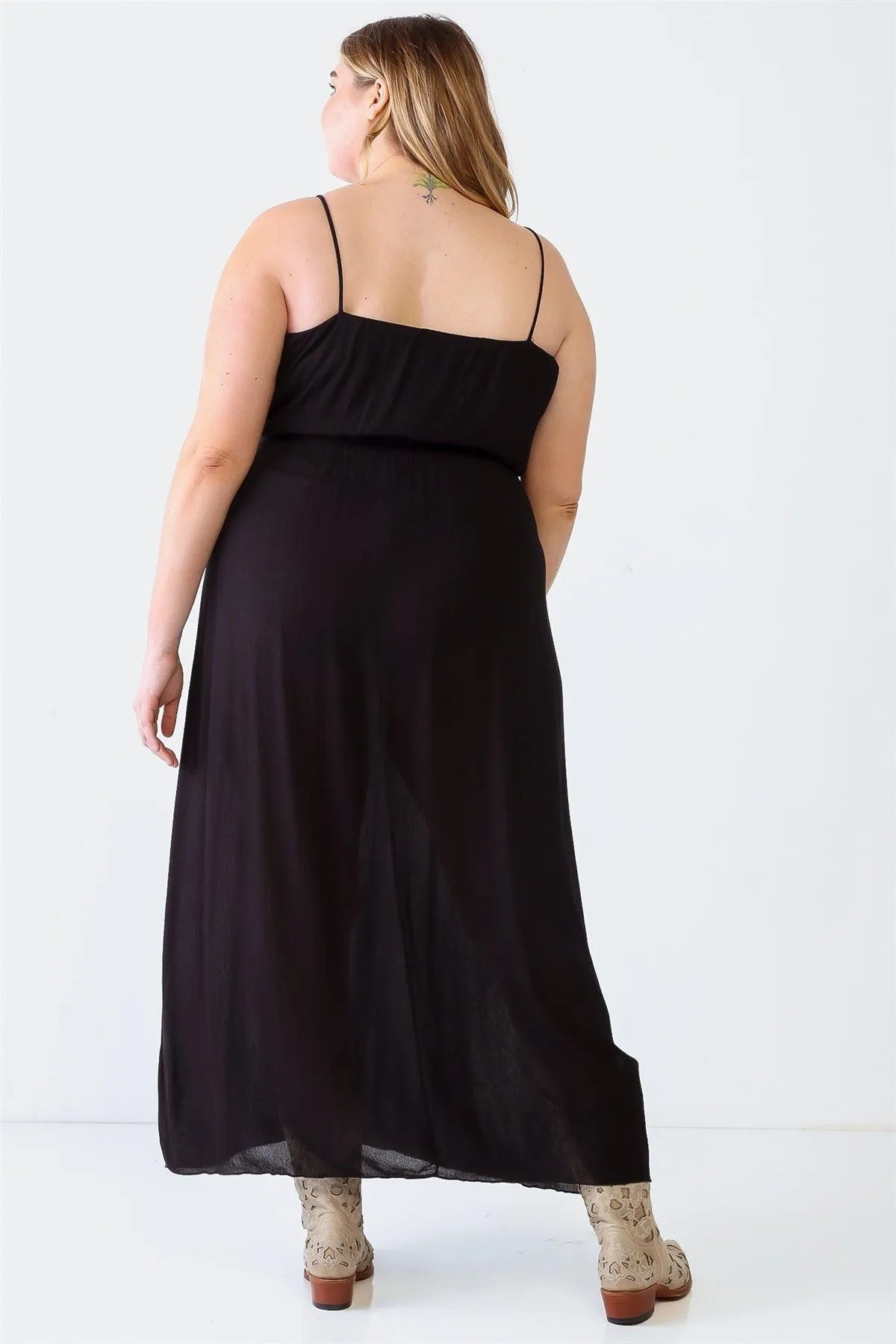 Junior Plus Black Textured Strappy Belted Maxi Dress /1-1-1 - Tasha Apparel Wholesale