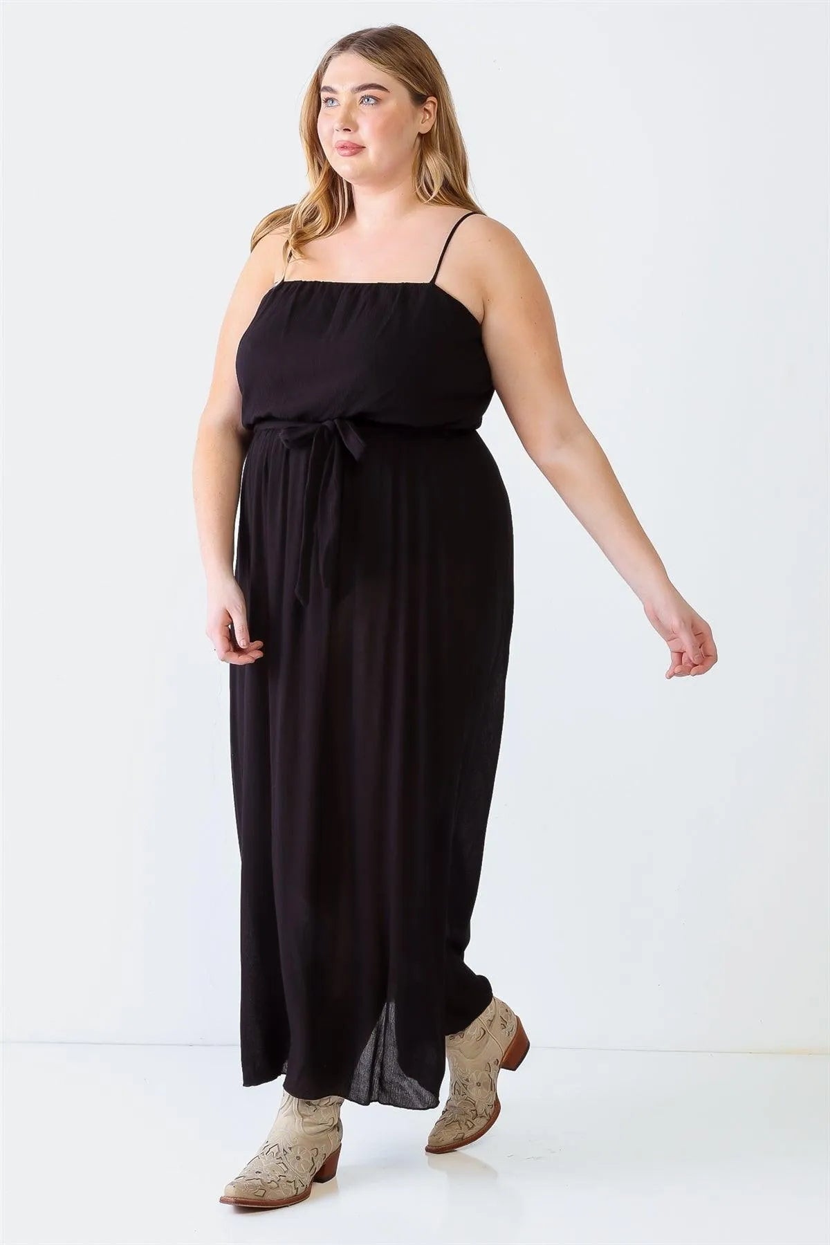 Junior Plus Black Textured Strappy Belted Maxi Dress /1-1-1 - Tasha Apparel Wholesale
