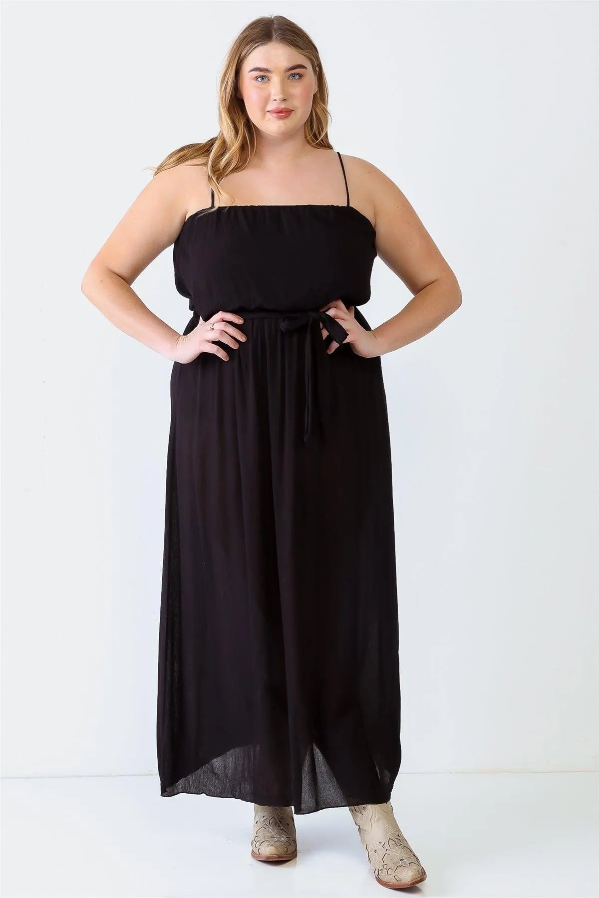 Junior Plus Black Textured Strappy Belted Maxi Dress /1-1-1 - Tasha Apparel Wholesale