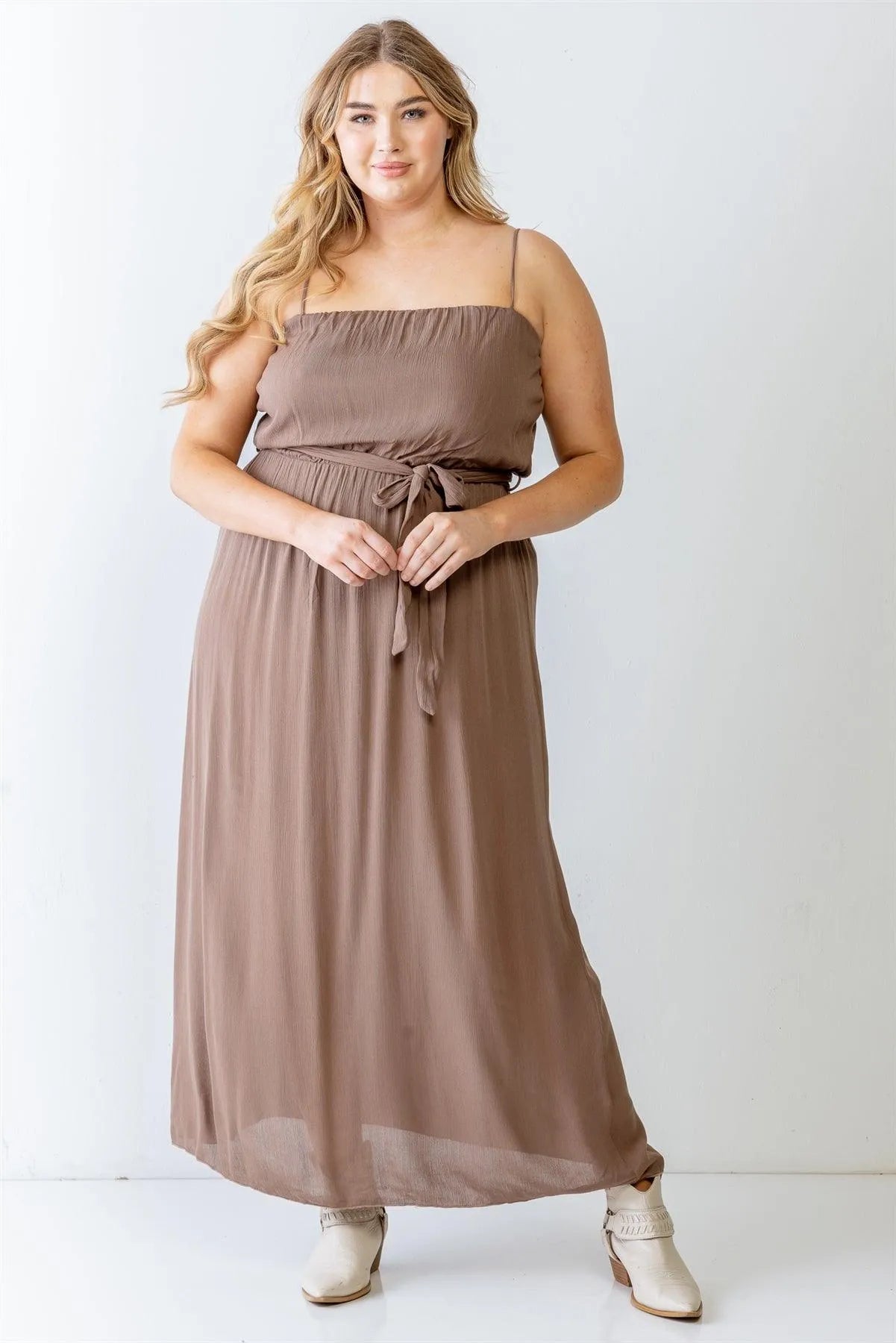 Junior Plus Mocha Textured Strappy Belted Maxi Dress /1-1-1 - Tasha Apparel Wholesale