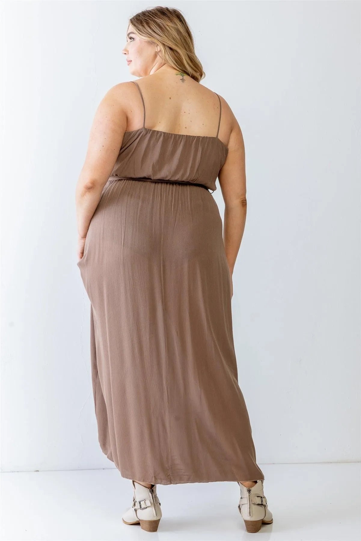Junior Plus Mocha Textured Strappy Belted Maxi Dress /1-1-1 - Tasha Apparel Wholesale