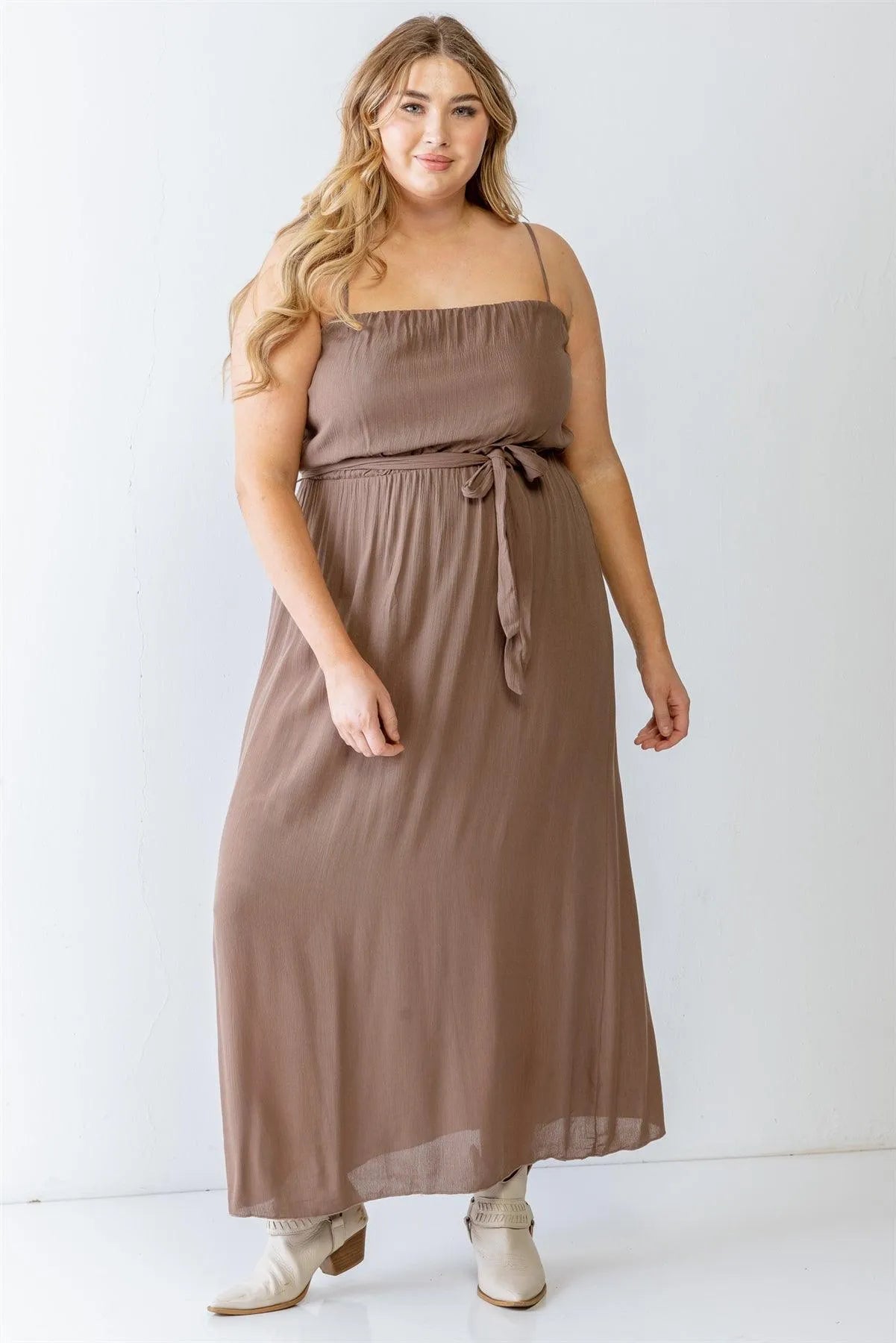 Junior Plus Mocha Textured Strappy Belted Maxi Dress /1-1-1 - Tasha Apparel Wholesale