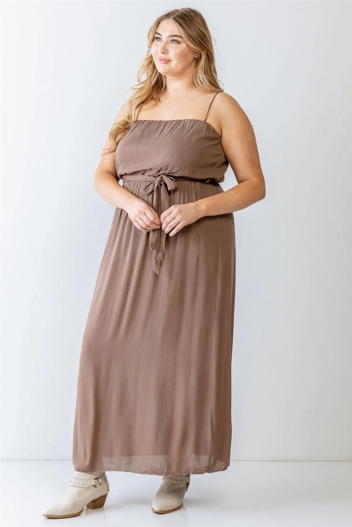 Junior Plus Mocha Textured Strappy Belted Maxi Dress /1-1-1 - Tasha Apparel Wholesale
