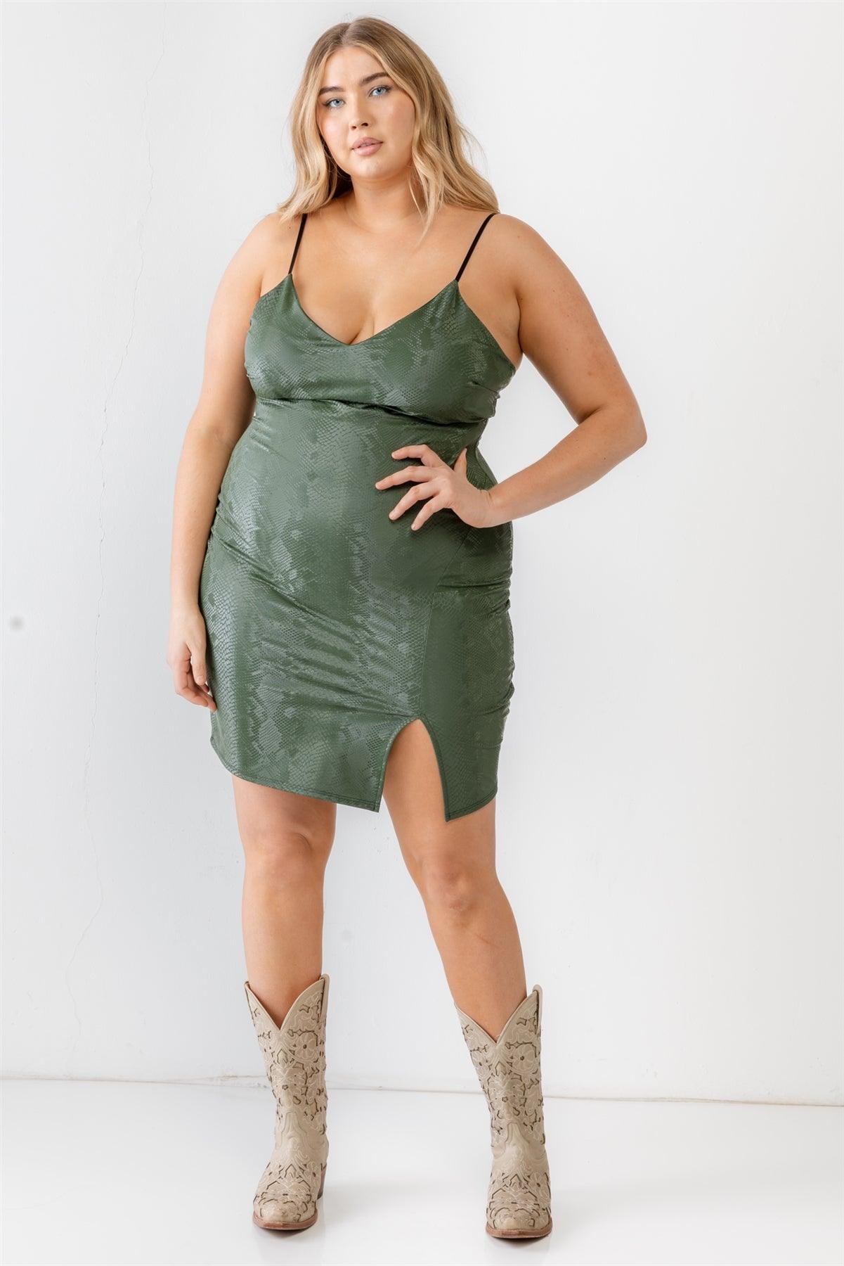 Junior Plus Olive Snake Vegan Leather Sleeveless Strappy Mini Dress /1-1-1